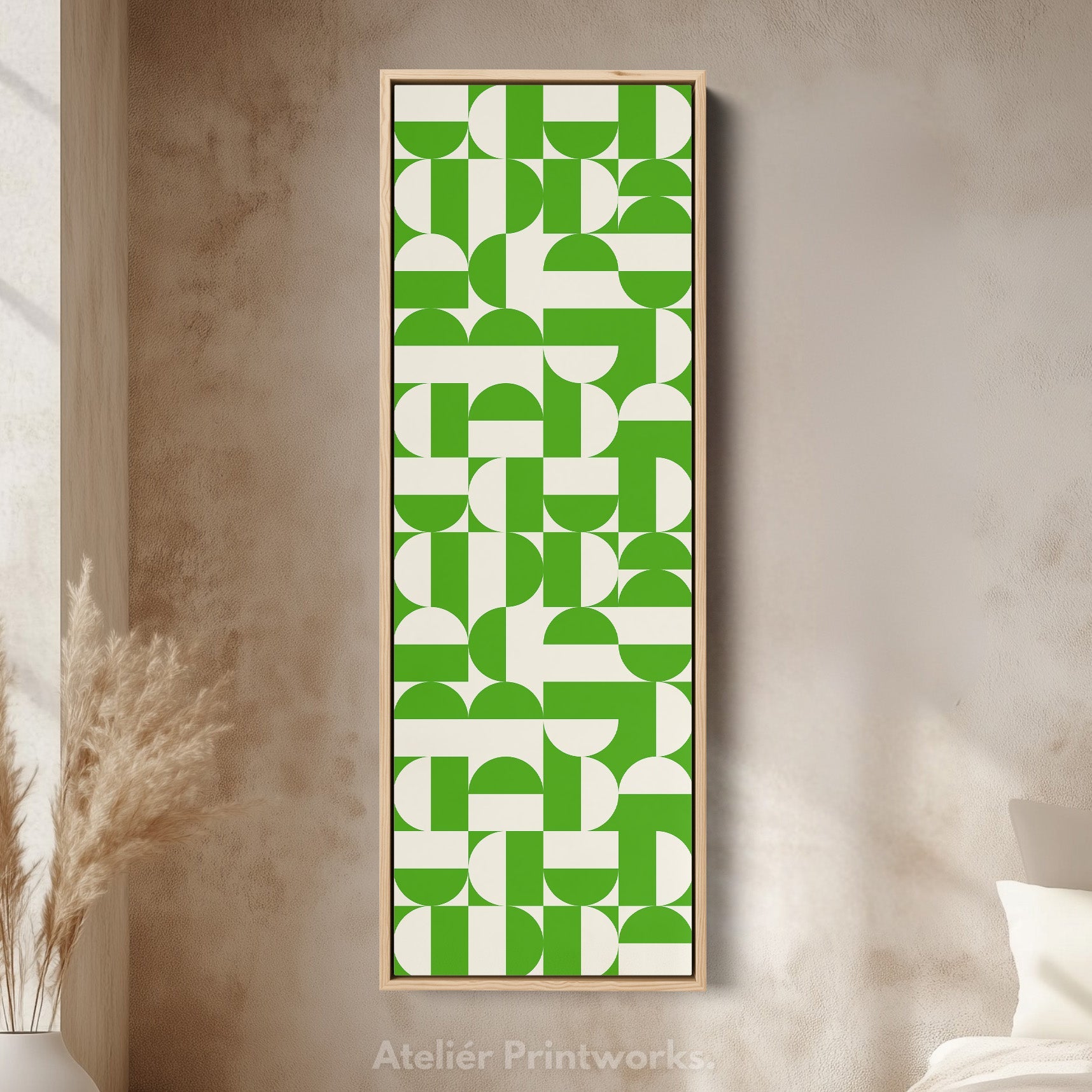 Geometric Green Circles Vertical Framed Canvas Wall Art for Hallway or Office