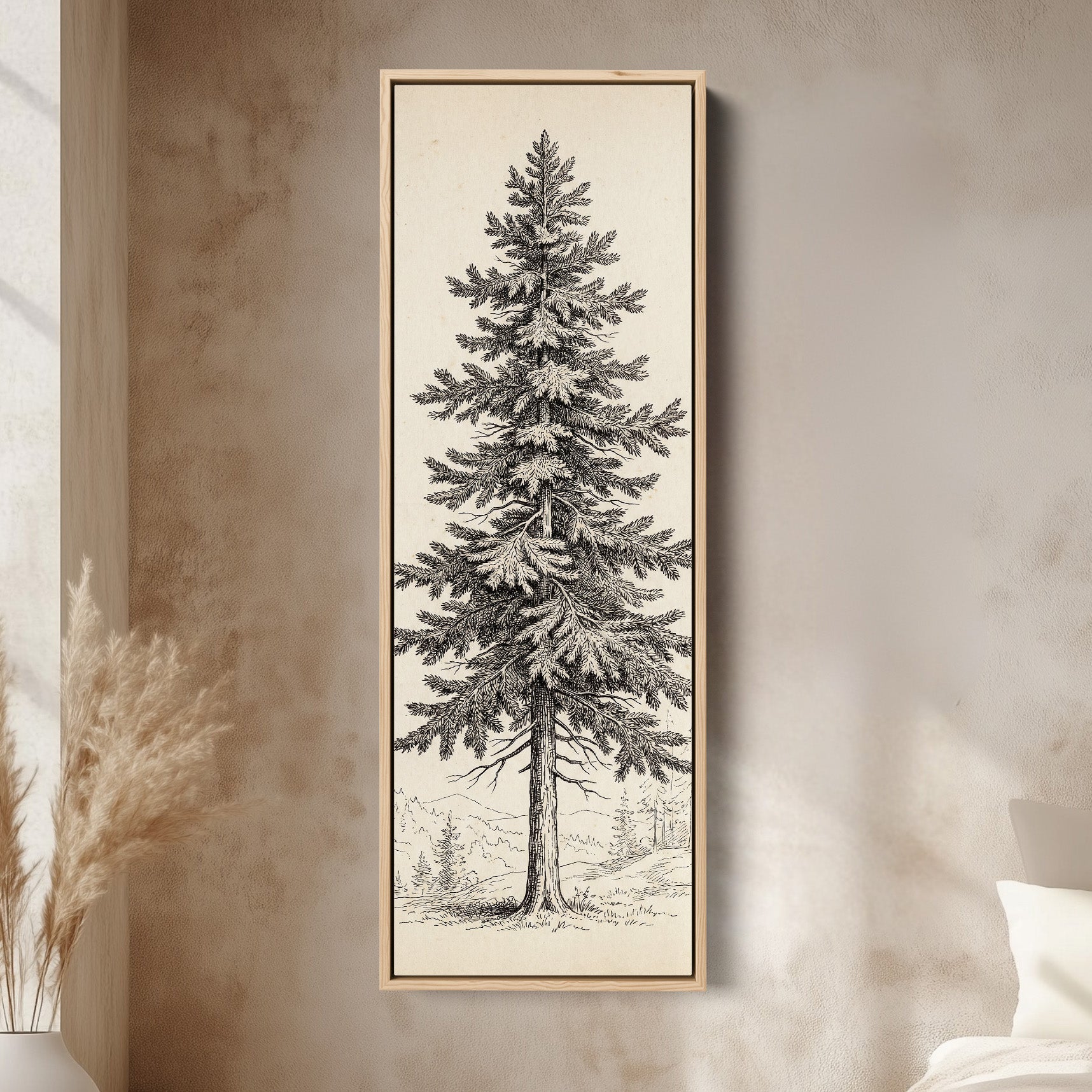 Vintage Pine Illustration Vertical Wall Art Wide Canvas Office
