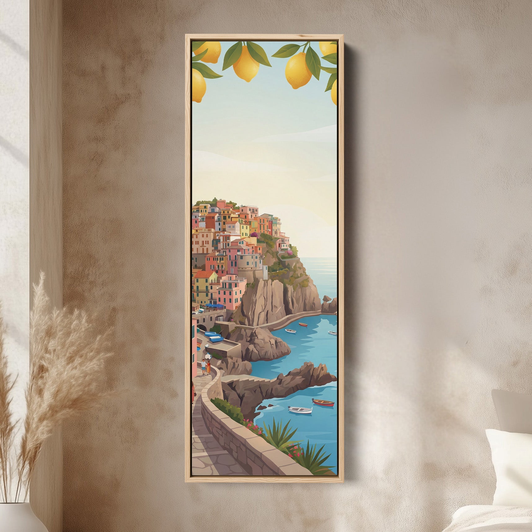 Vertical Wall Art Mediterranean Coastal Village Canvas Print Kitchen