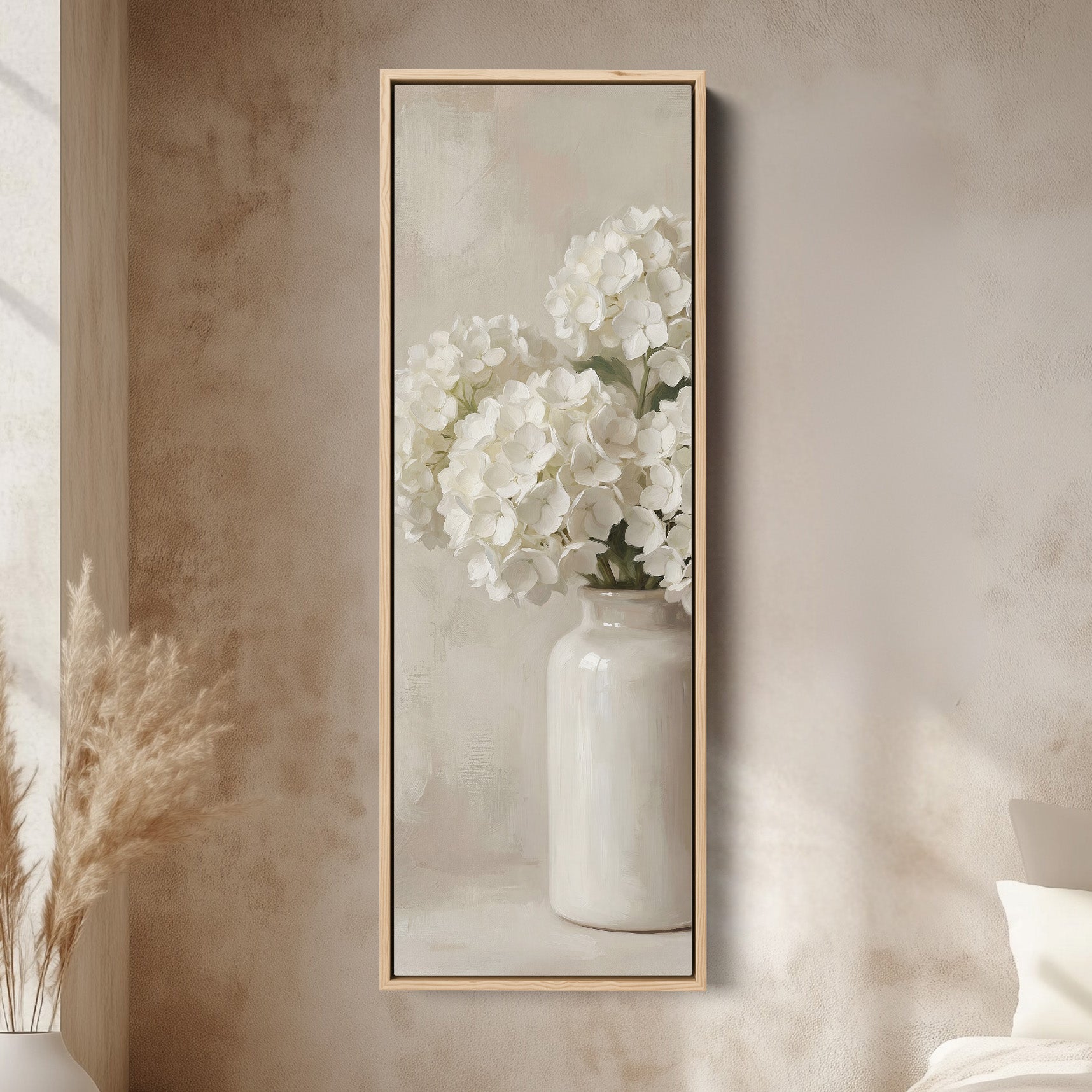 White Hydrangea Tall Wall Art Neutral Canvas Bedroom