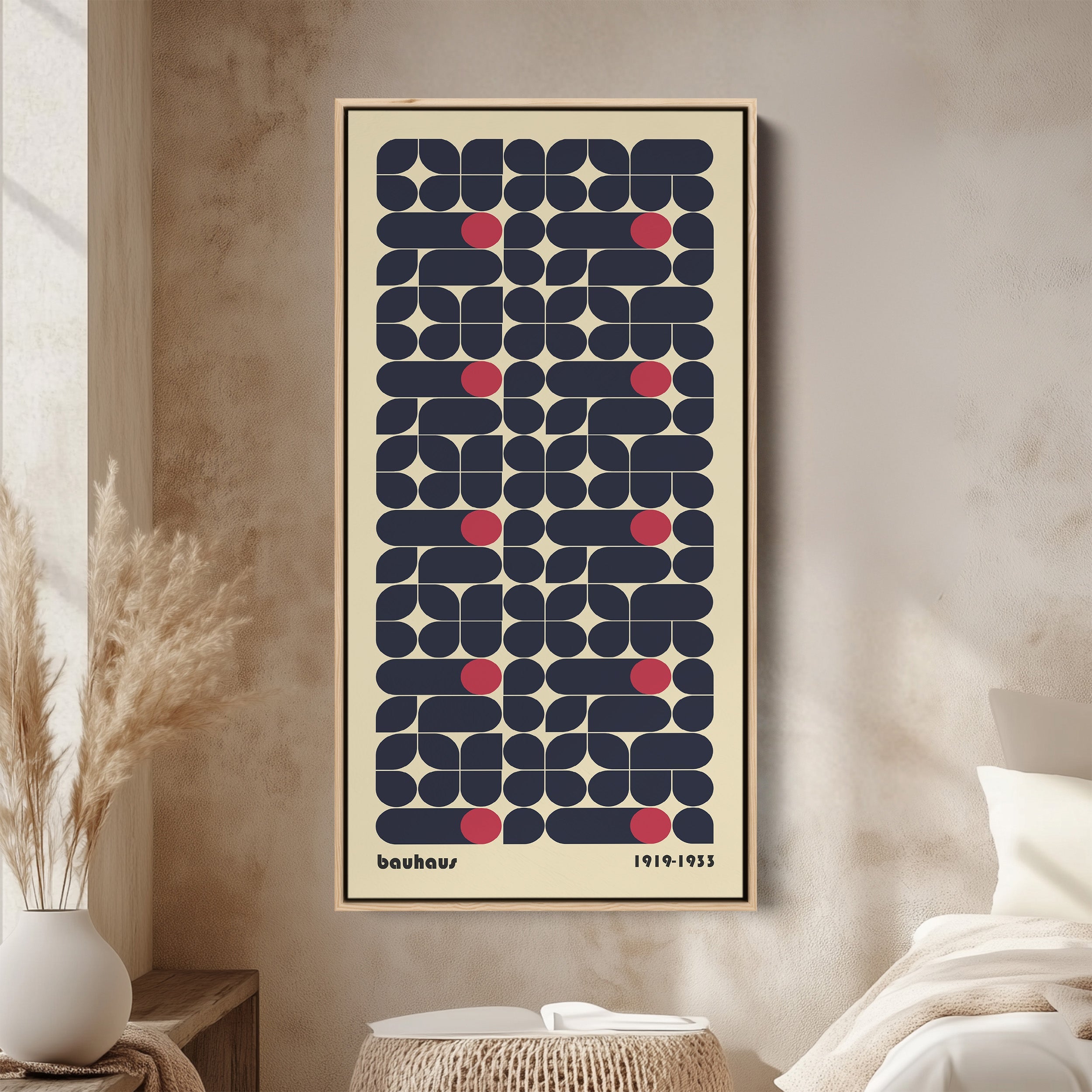 Bauhaus Vertical Wall Art Navy Geometric Pattern Tall Canvas For Bedroom