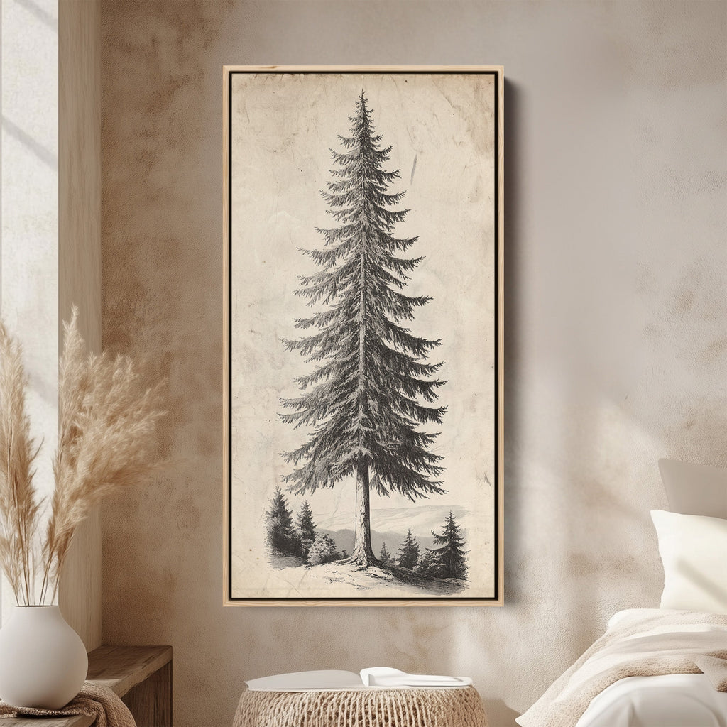 Vertical Wall Art Vintage Pine Illustration Tall Canvas For Office