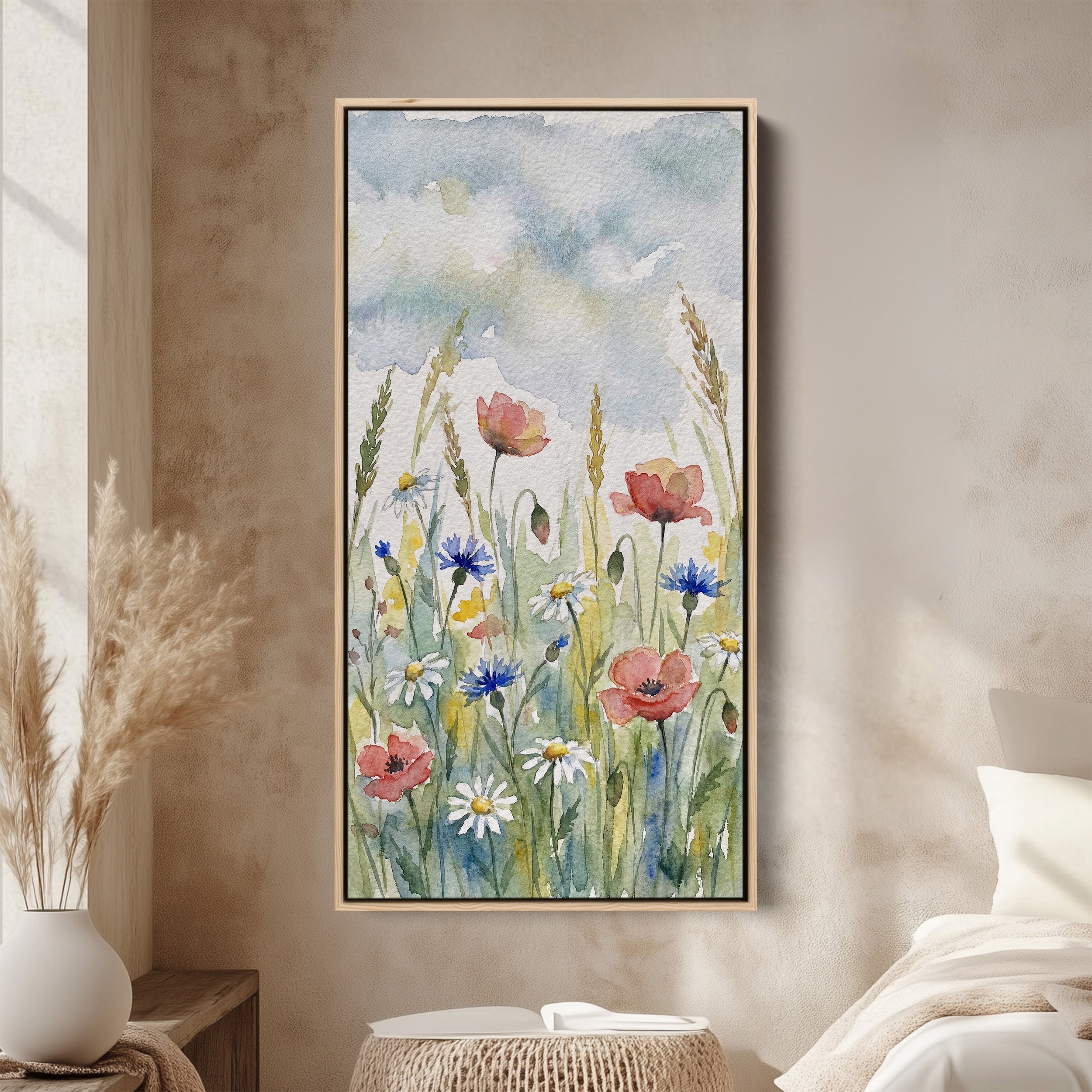 Tall Canvas Large Vertical Wall Art Watercolour Wildflowers And Poppies For Hallway