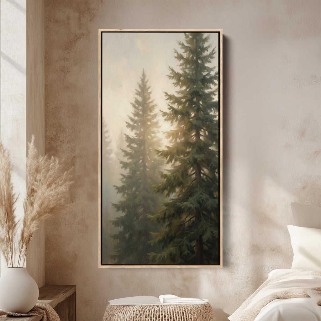 Evergreen Trees In Haze Tall Wall Art Framed Canvas Print For Bedroom