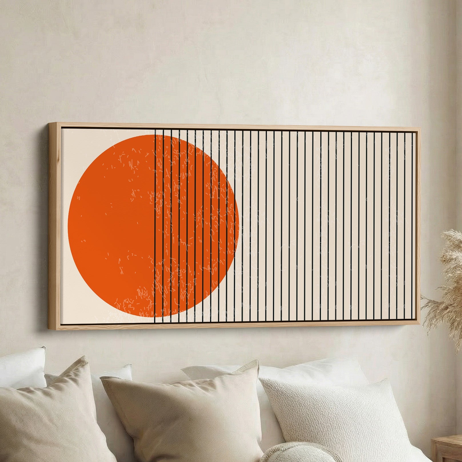 Horizontal Wall Art Orange Circle Lines Framed Canvas Print For Living Room