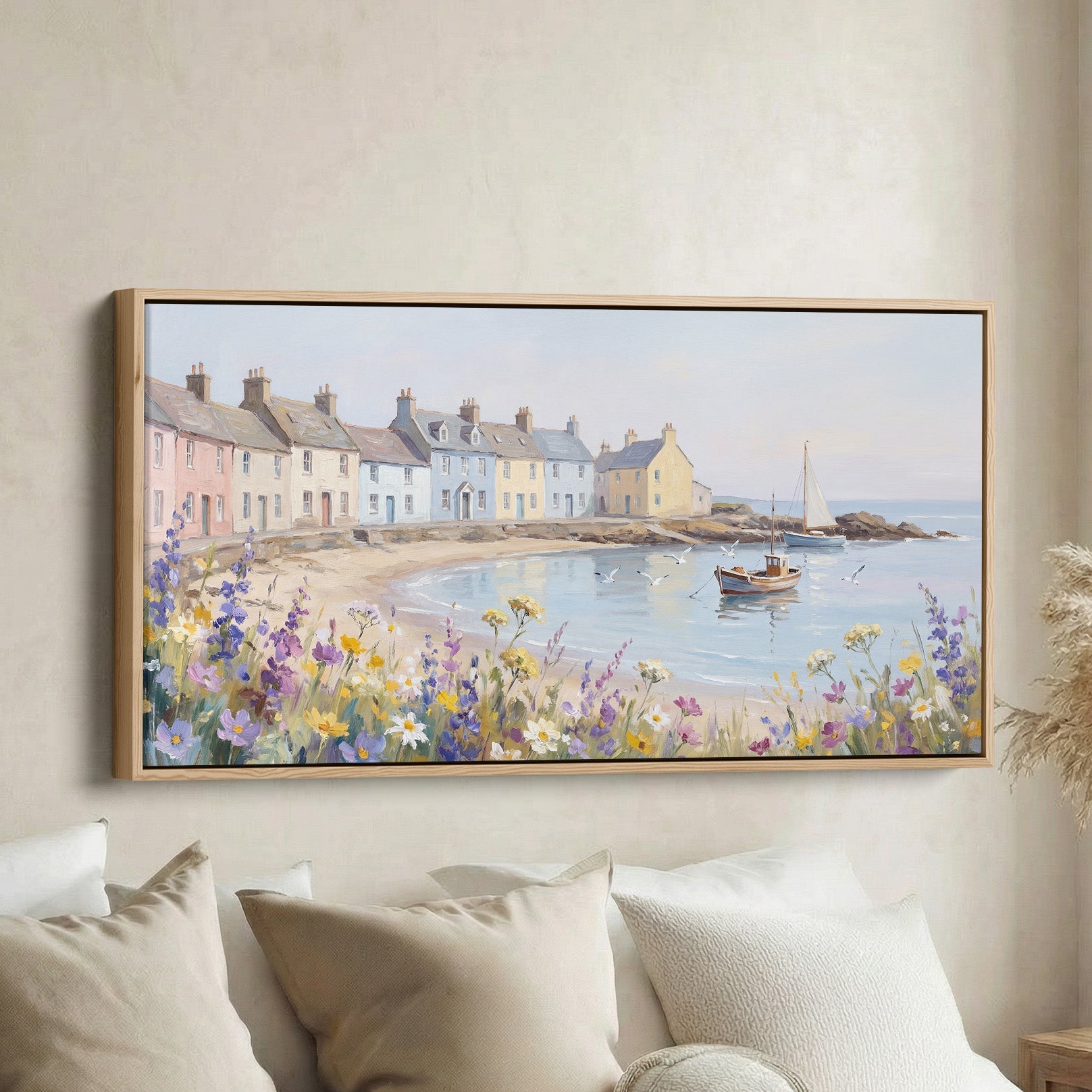 Large Wall Art Coastal Village Scene Statement Wall Decor For Living Room