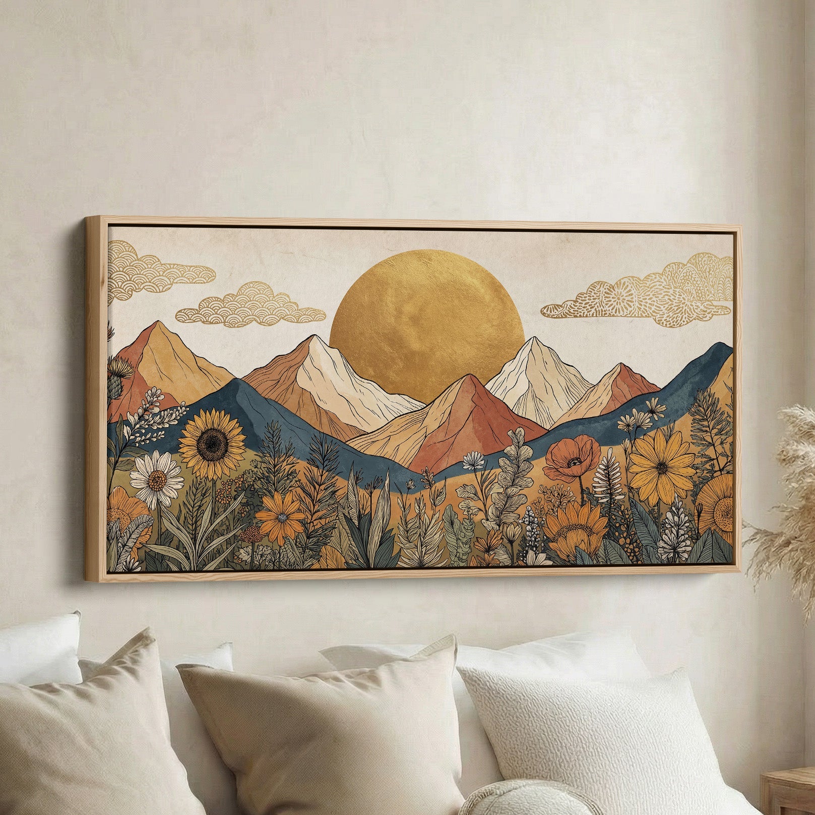 Stylised Mountain And Sun Large Wall Art Oversized Wall Decor For Living Room