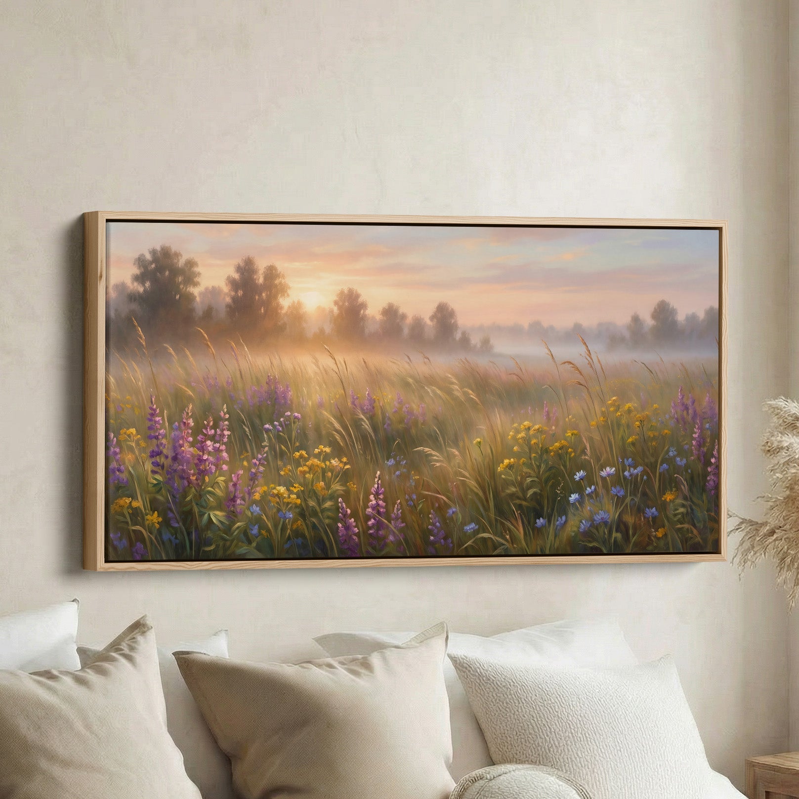 Sunrise Wildflower Field Horizontal Wall Art Panoramic Canvas Print For Bedroom