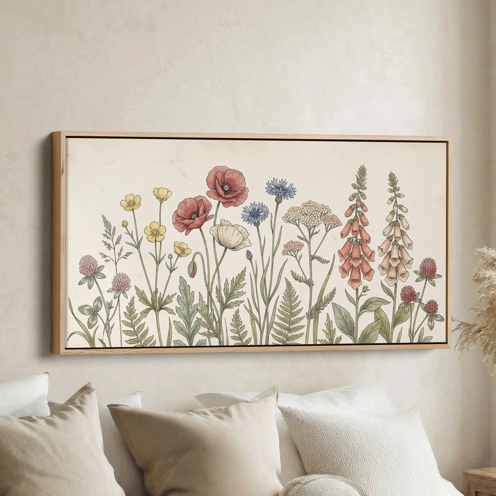 Panoramic Wall Art Vintage Meadow Flowers Illustration Extra Wide Canvas For Bedroom