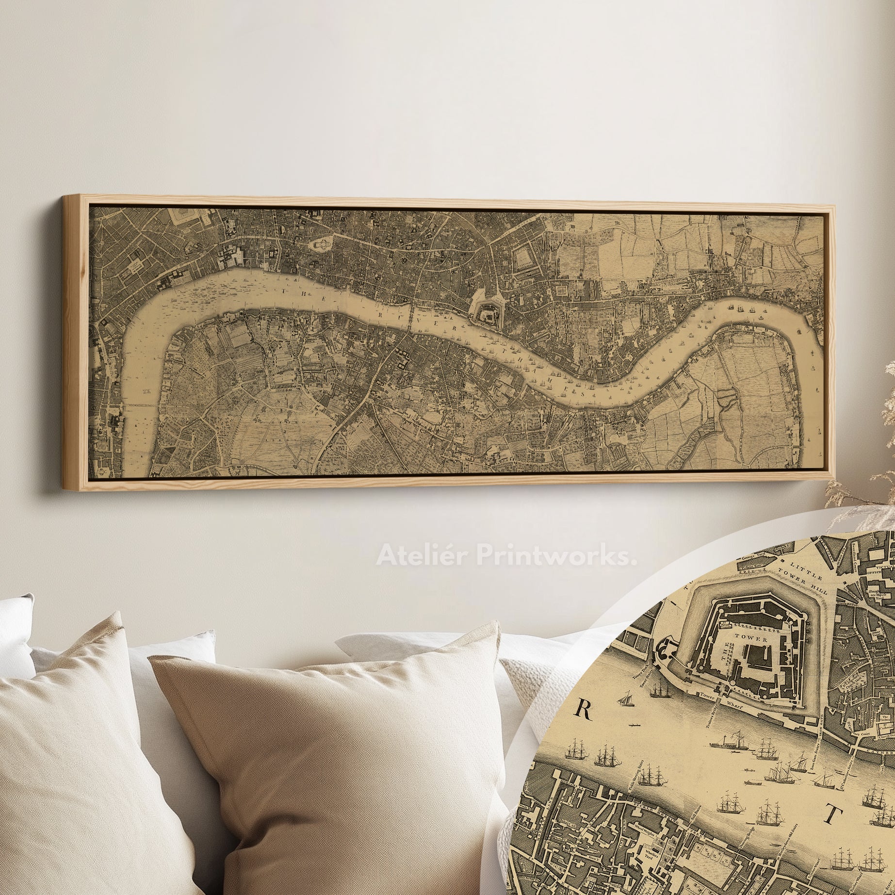 Horizontal Wall Art Vintage London Map Long Framed Canvas For Living Room