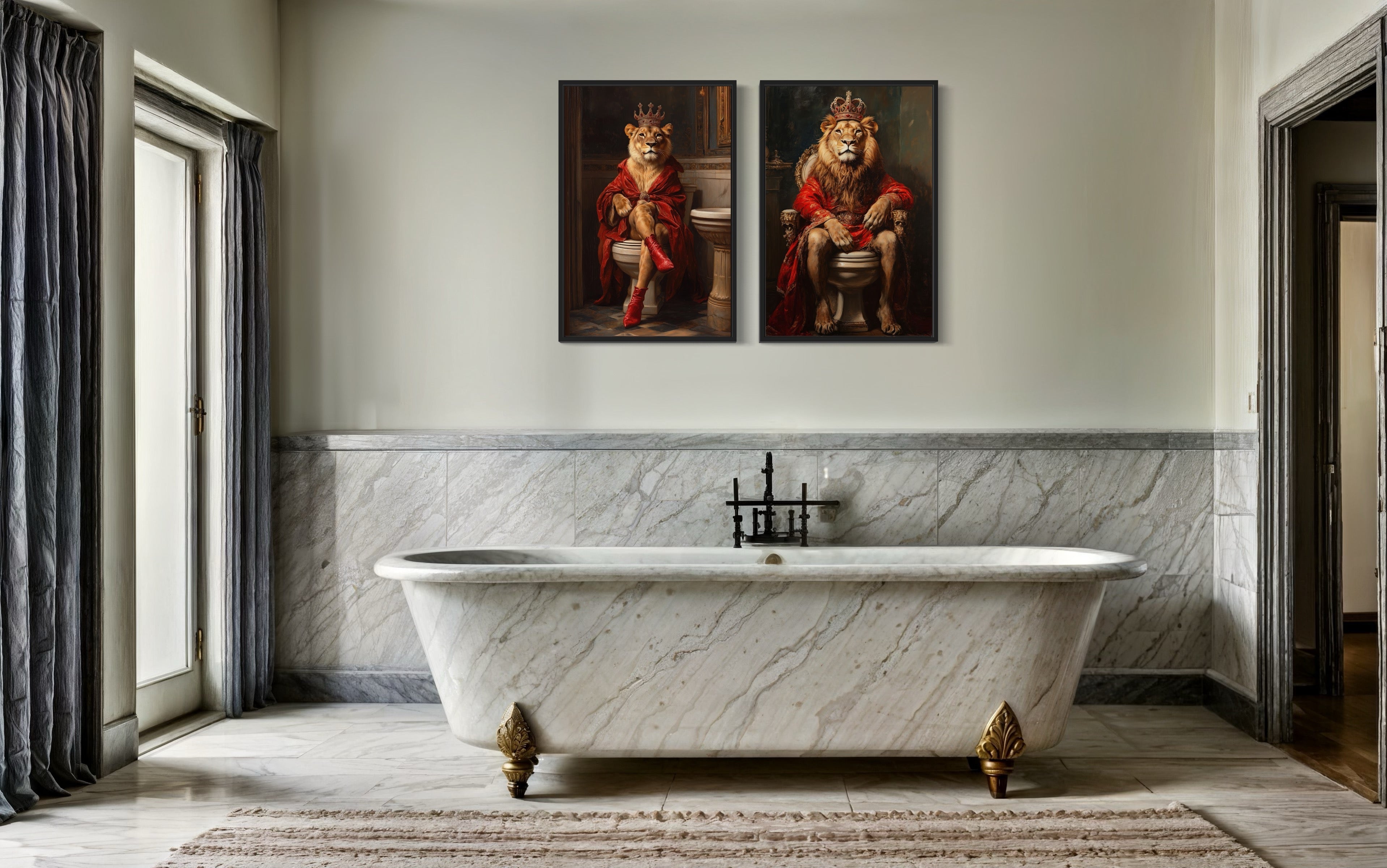 2 Piece Male Female Bathroom Picture - Lion King And Lioness Queen On Toilets