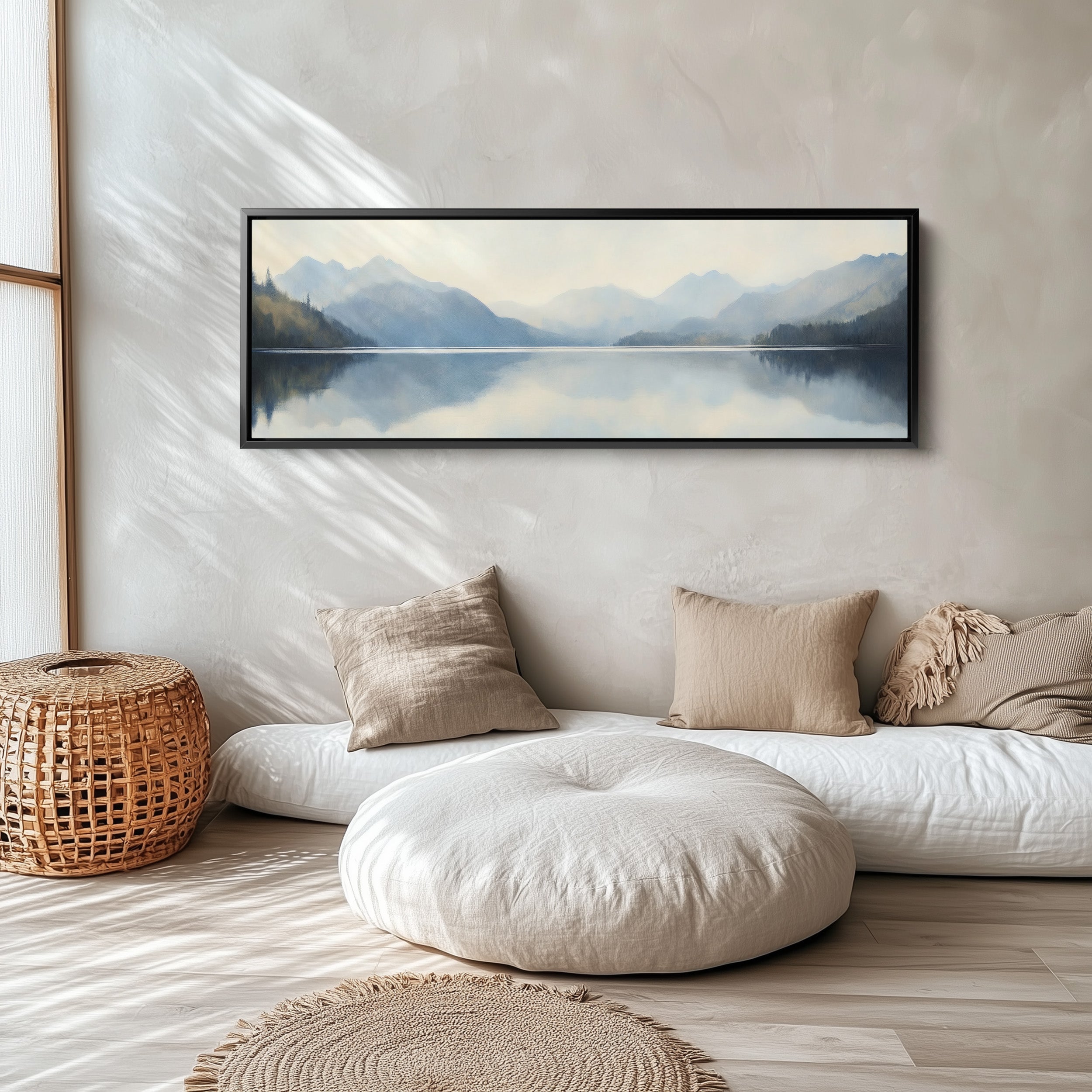 Horizontal Wall Art Misty Mountain Lake Long Canvas For Bedroom