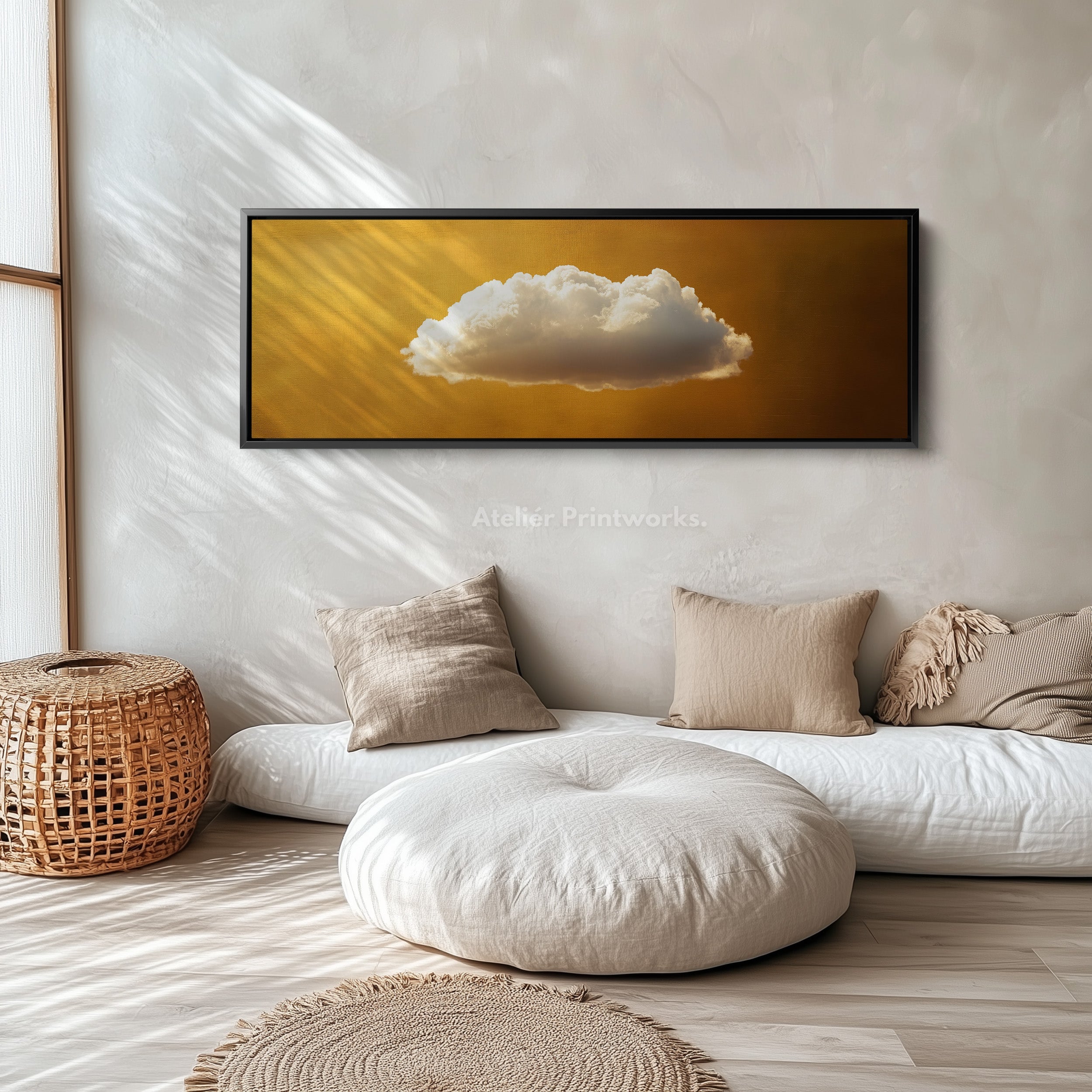 Above Bed Wall Art - Floating Golden Cloud Minimalist Horizontal Wall Art