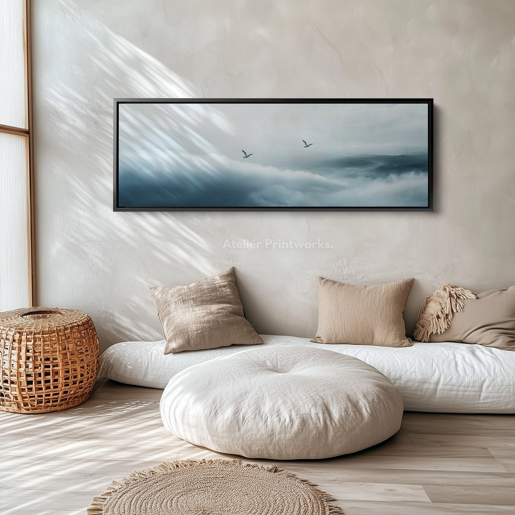 Panoramic Minimalist Cloud Long Narrow Wall Art Large Framed Canvas