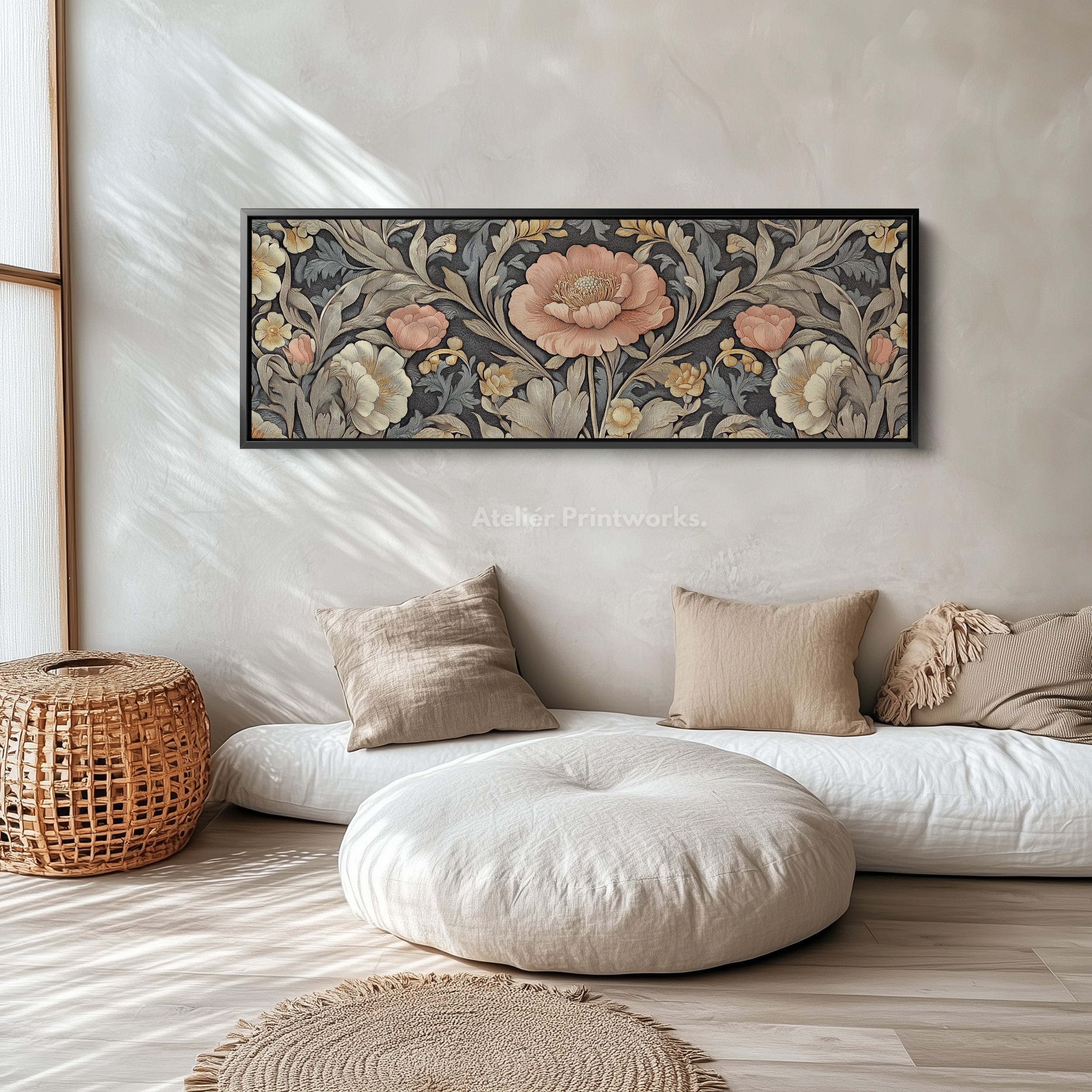 Vintage Floral Pattern Large Framed Canvas Long Narrow Horizontal Wall Art