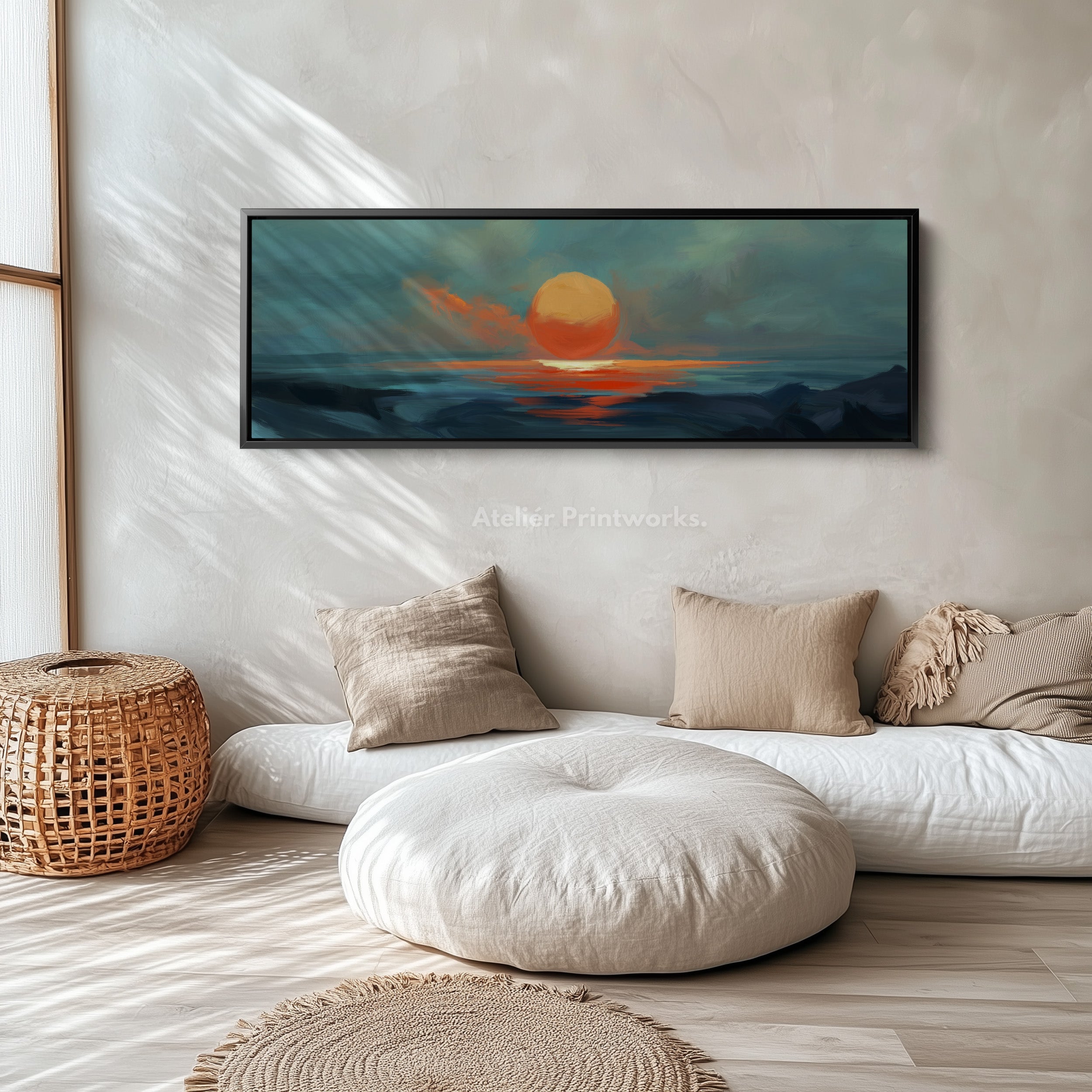 Minimalist Ocean Sunset Narrow Wide Horizontal Wall Decor Large Framed Canvas