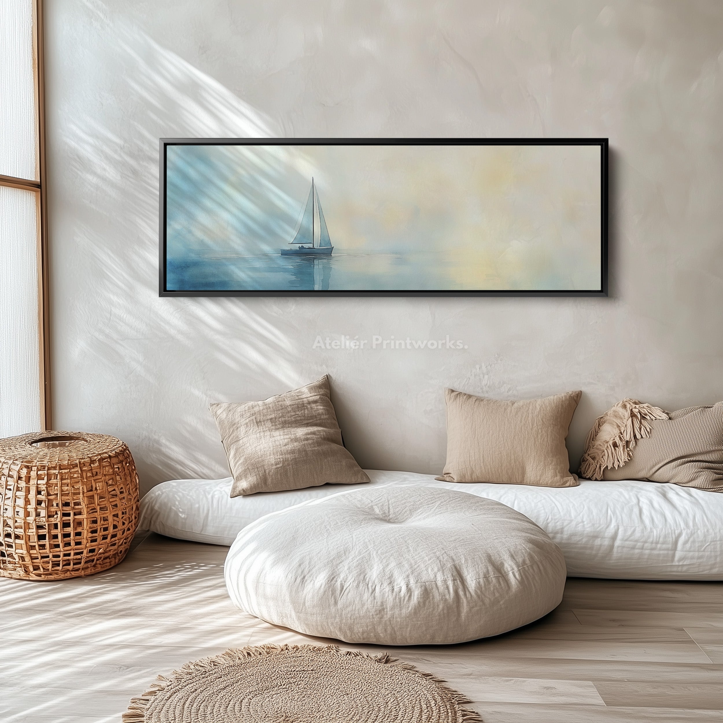 Calming Watercolour Sailboat Large Framed Long Canvas Horizontal Wall Art