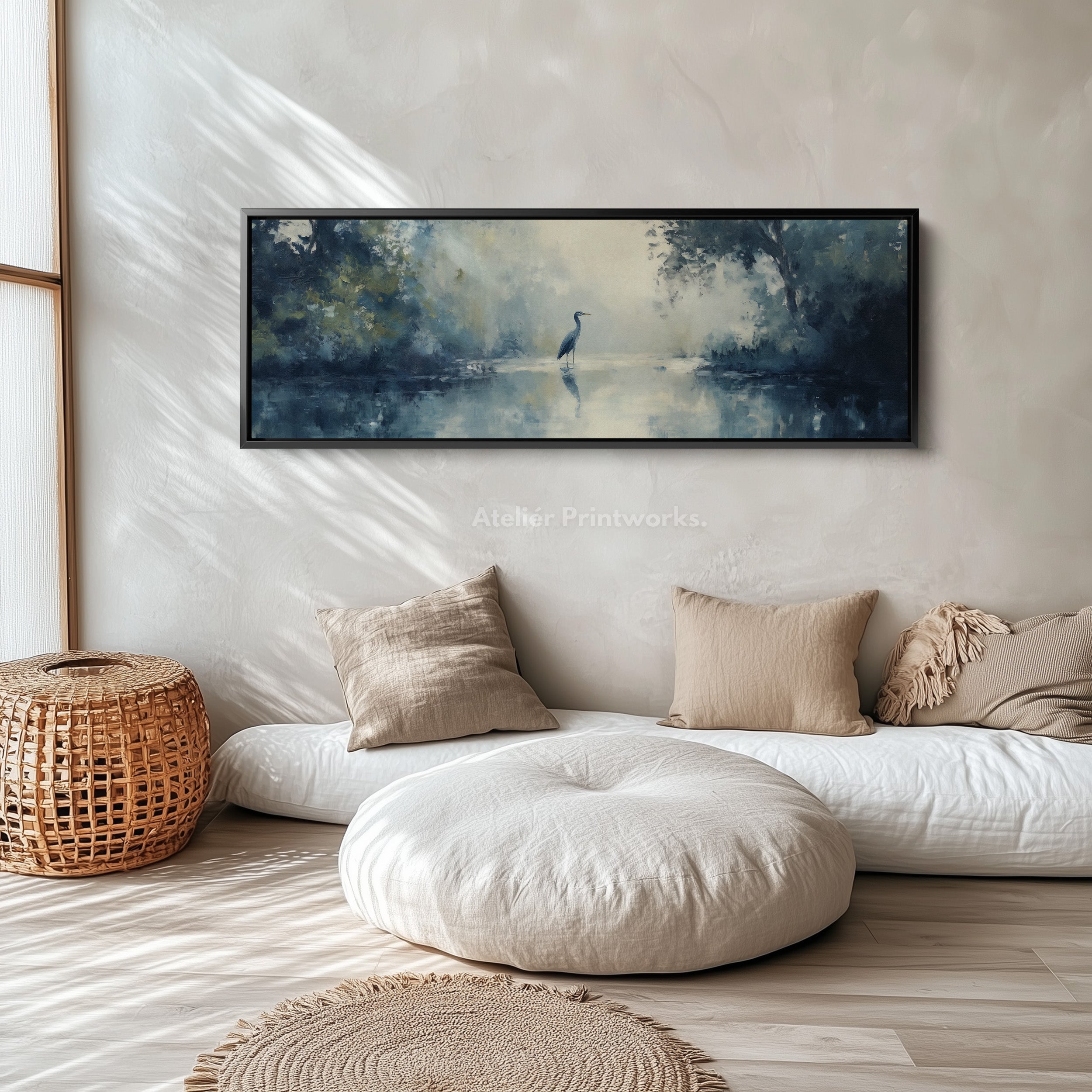 Muted Heron Long Horizontal Skinny Framed Canvas