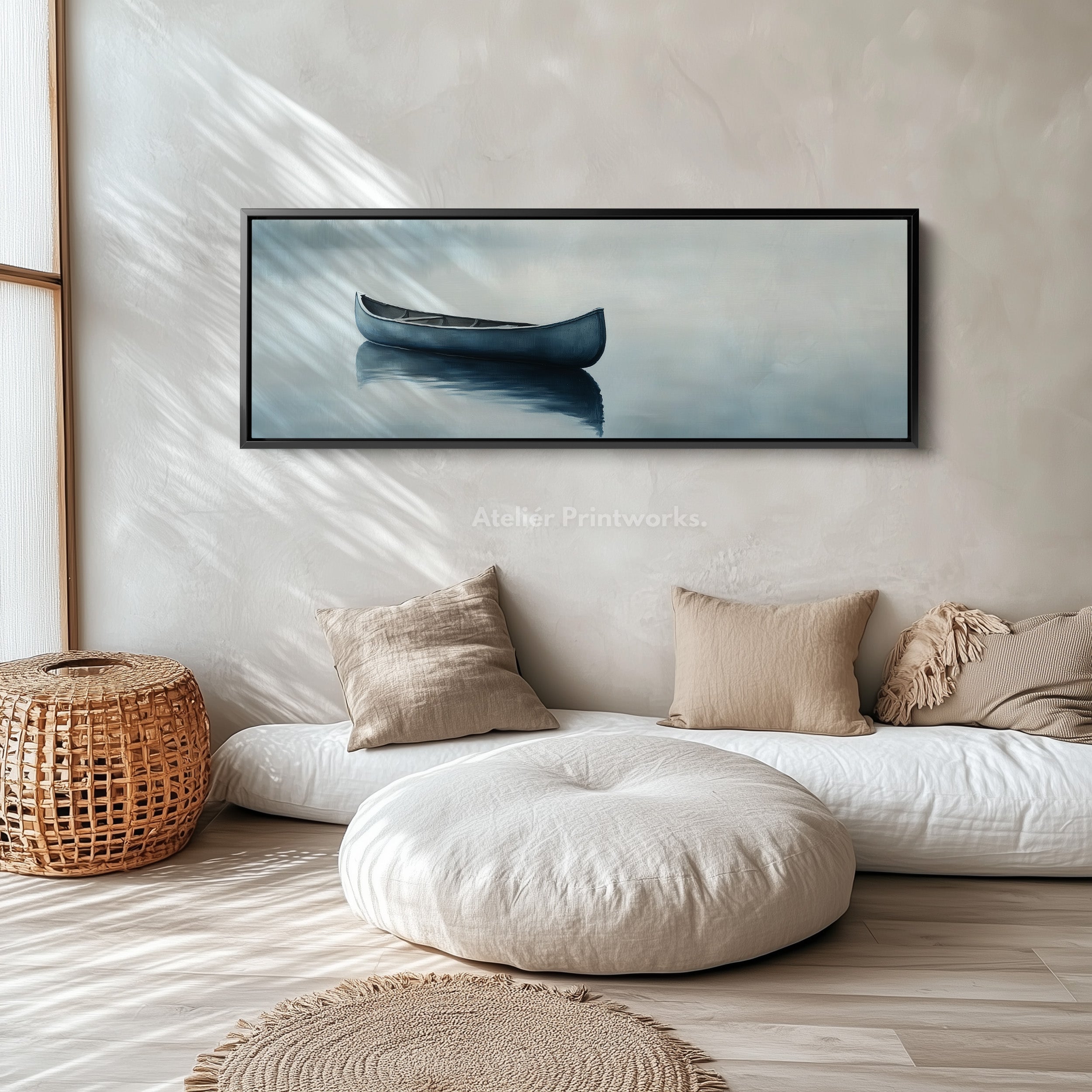 Misty Lake Canoe Wide Framed Above Bed Wall Art