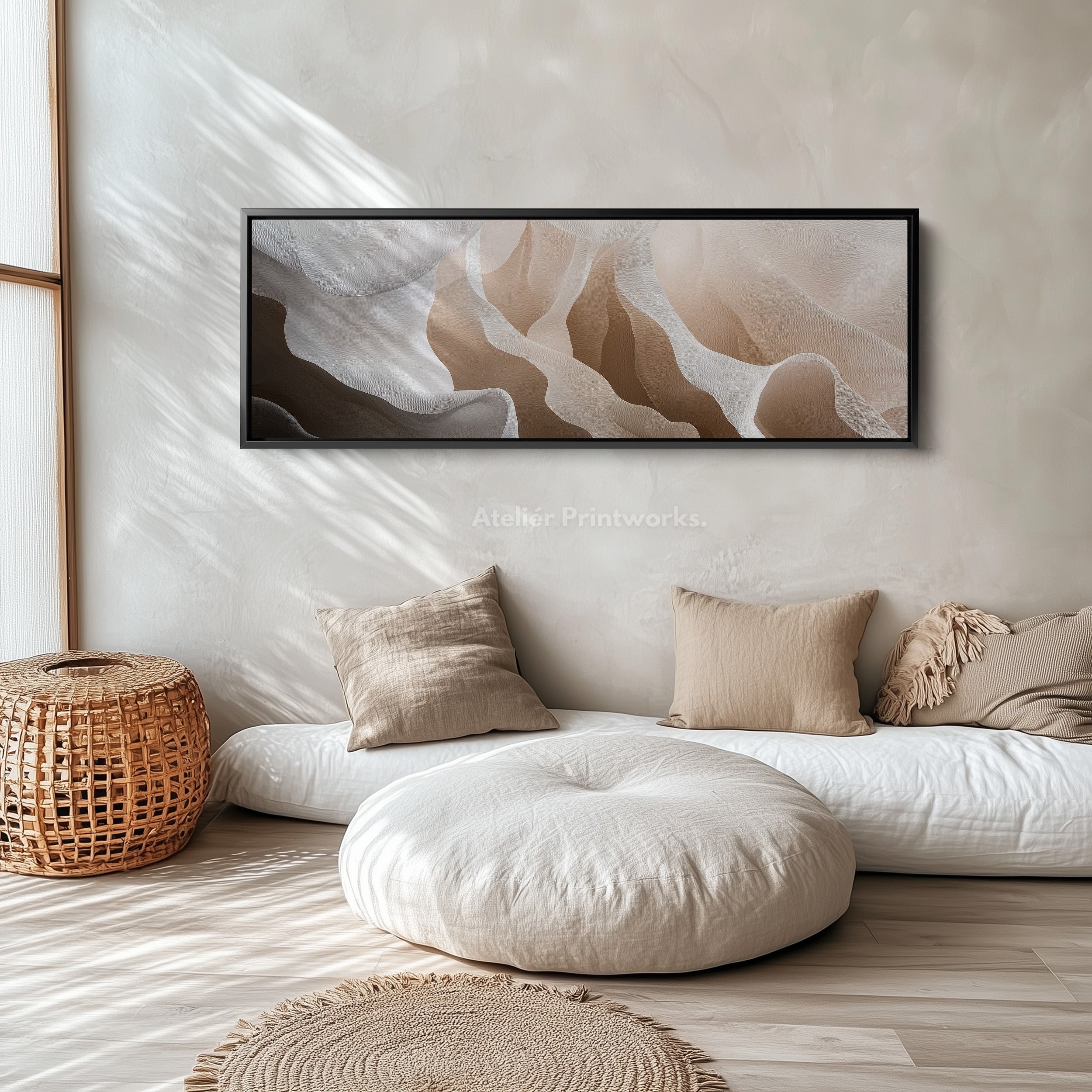 Beige & White Abstract Above Bed Long Narrow Horizontal Wall Art