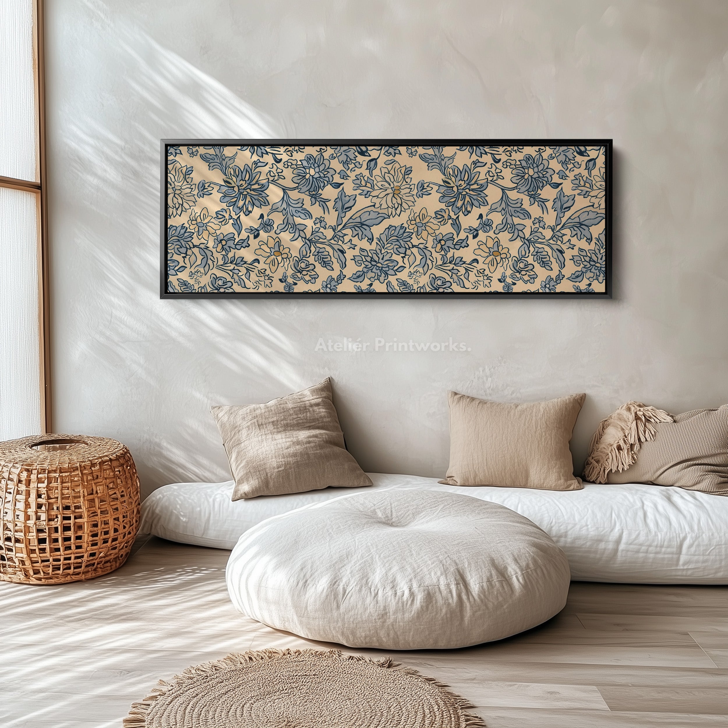 Vintage Blue & Beige Panoramic Large Framed Wall Decor