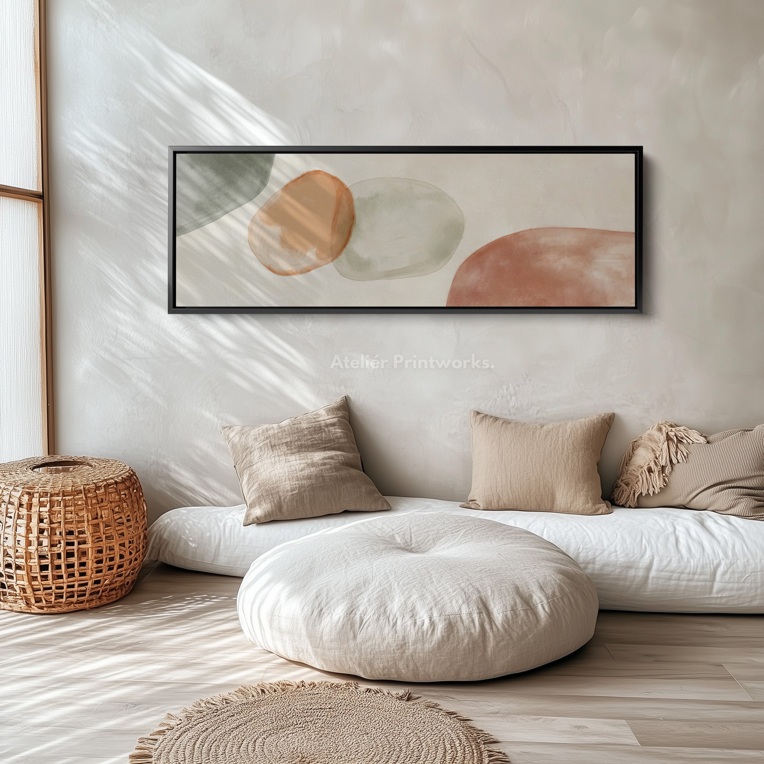 Beige & Green Abstract Panoramic Large Framed Wall Decor