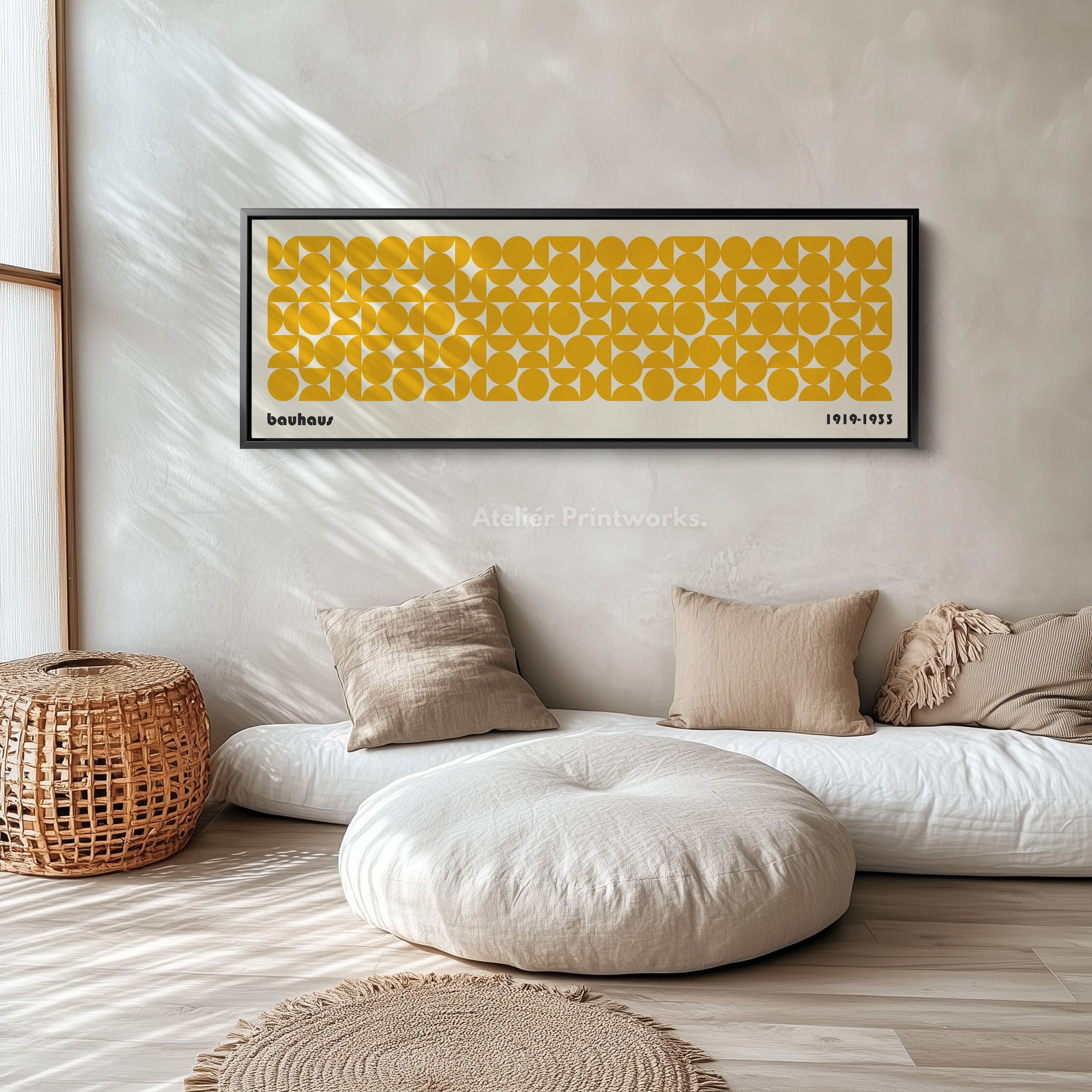 Large Framed Long Wall Art Yellow Mid Century Bauhaus