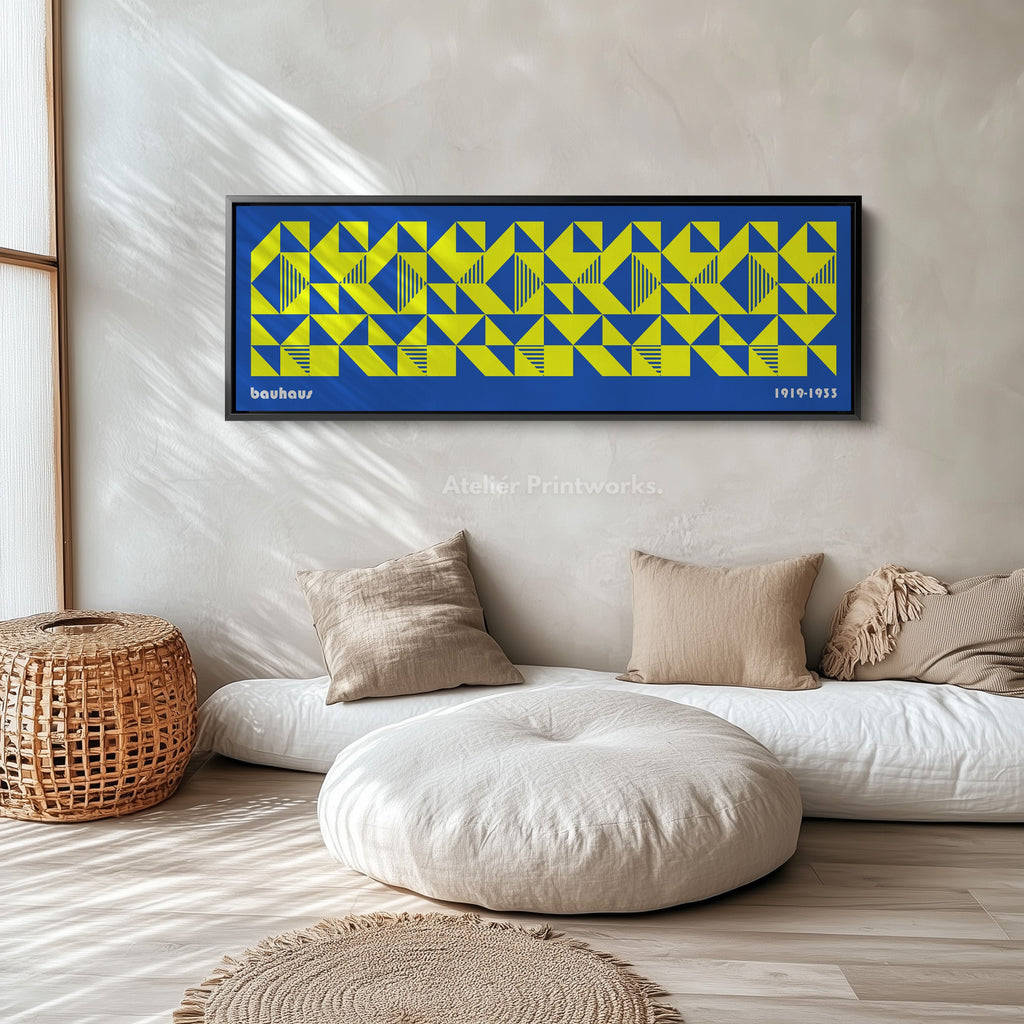 Blue & Yellow Large Framed Long Wall Art Mid Century Bauhaus