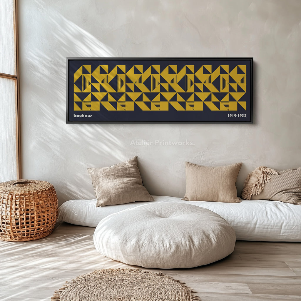 Dark Blue Bauhaus Long Skinny Panoramic Framed Canvas Wall Art