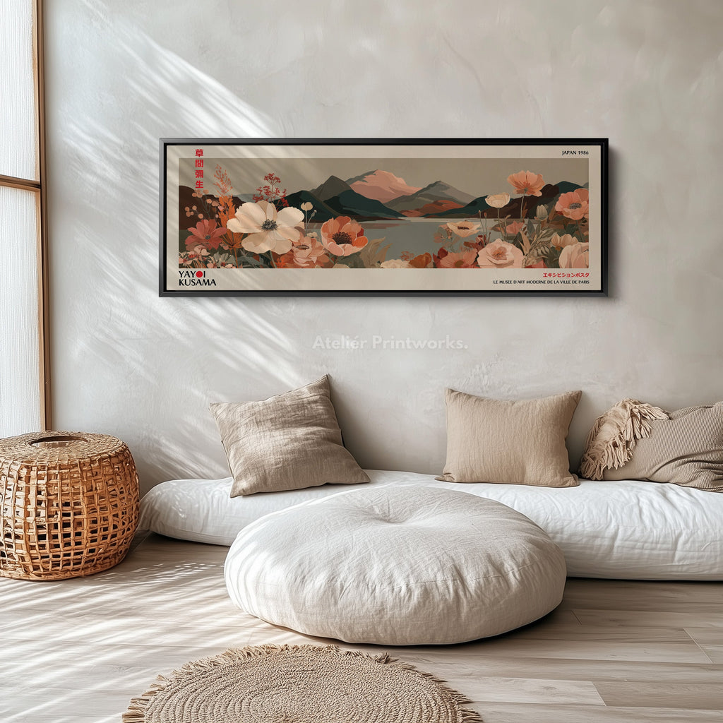 Yayoi Kusama Floral Landscape – Long Narrow Framed Canvas - Japanese Flower & Mountain Wall Art
