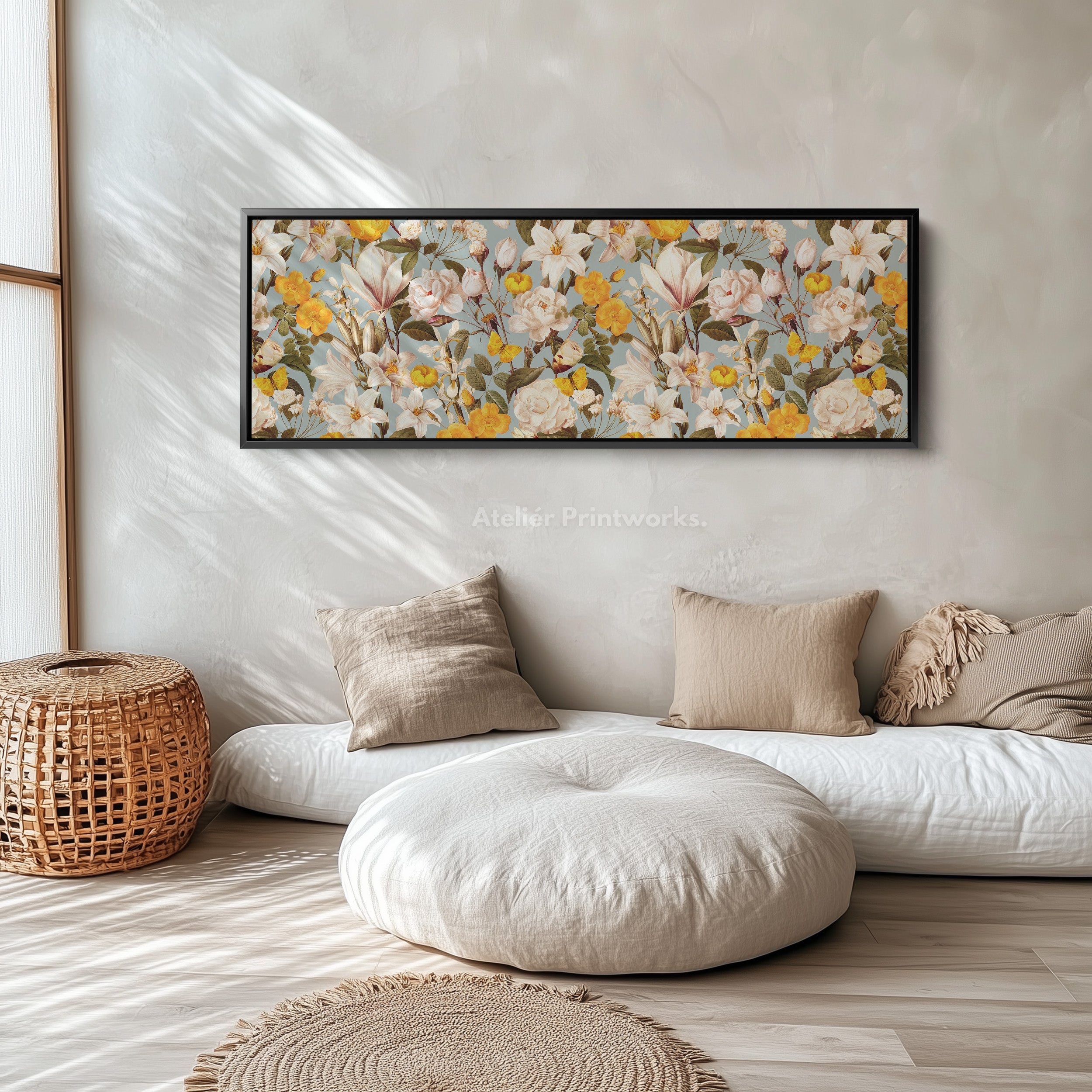 Wide Tropical Floral Parrot Canvas Art for Living Room or Hallway