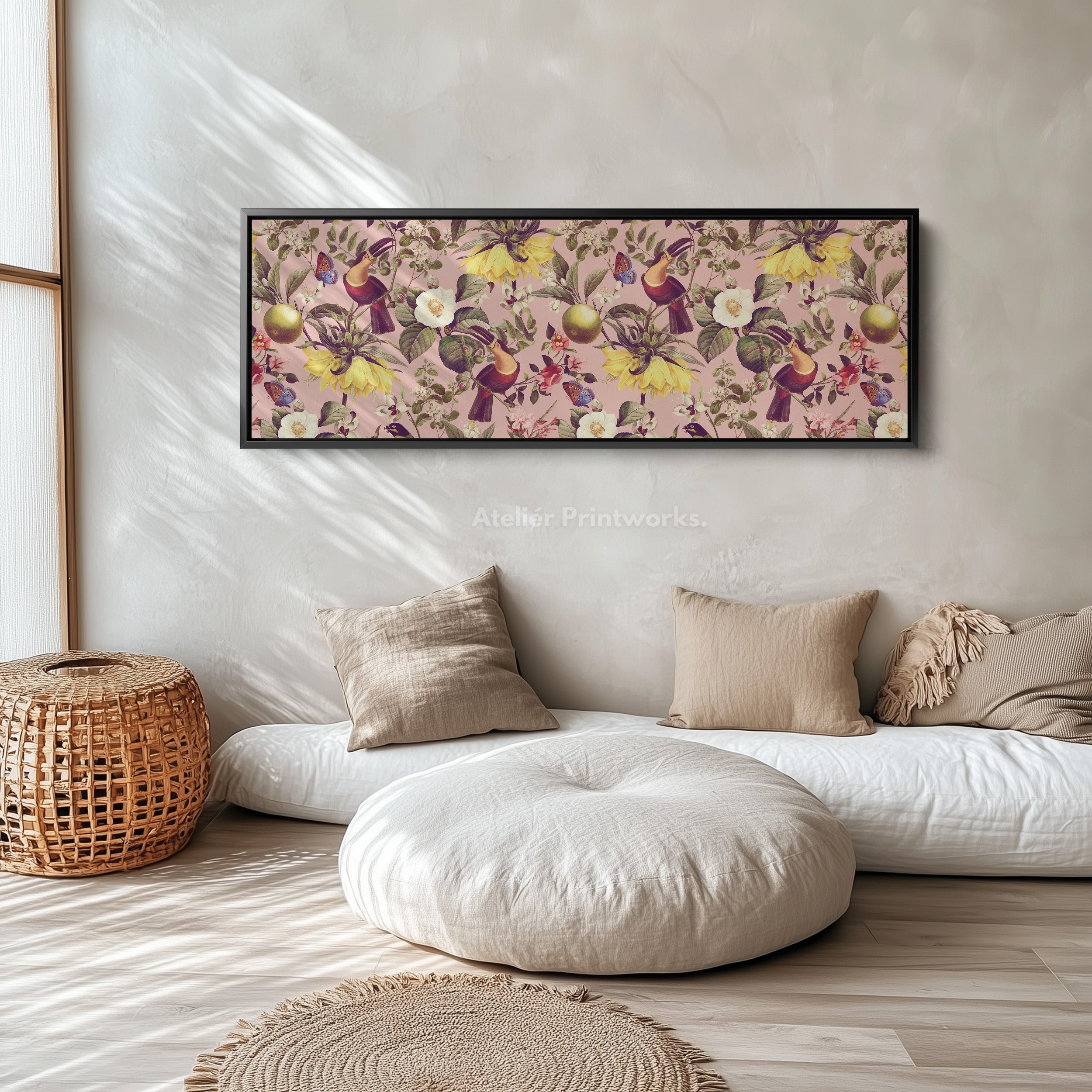 Long narrow canvas tropical botanical with toucans and citrus fruit for living room or bedroom