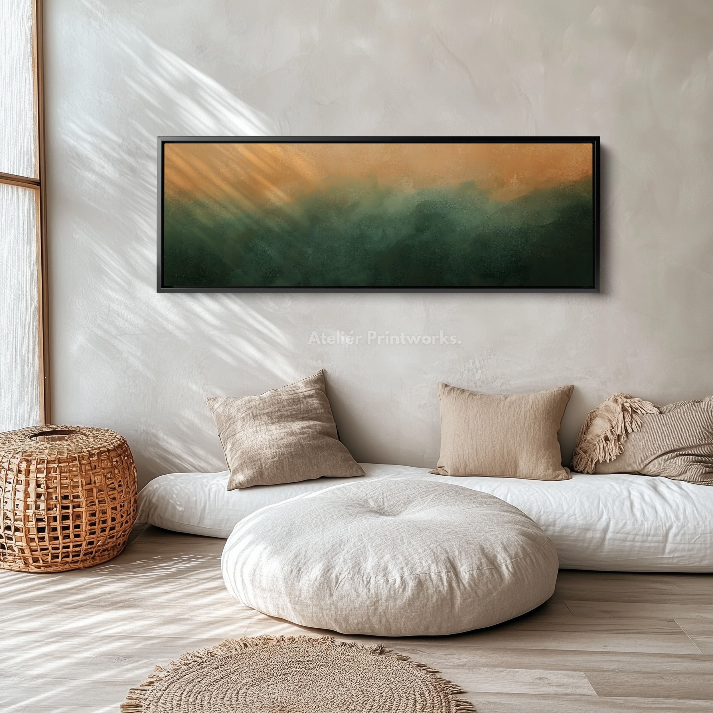 Horizontal Wall Art Green Beige Long Canvas Calm Minimalist Modern Decor