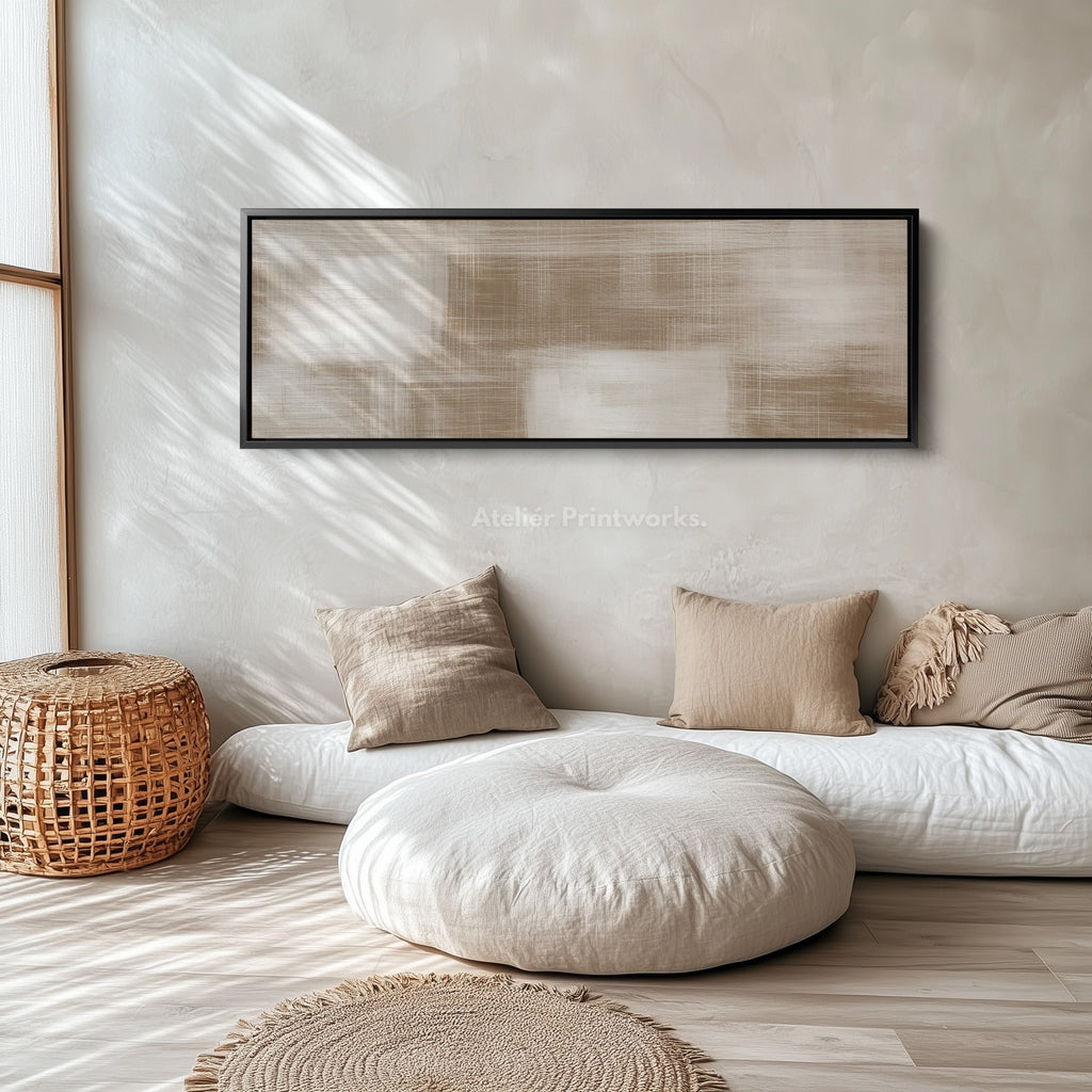 Neutral Abstract Wide Wall Art Long Framed Canvas For Calm Living Spaces