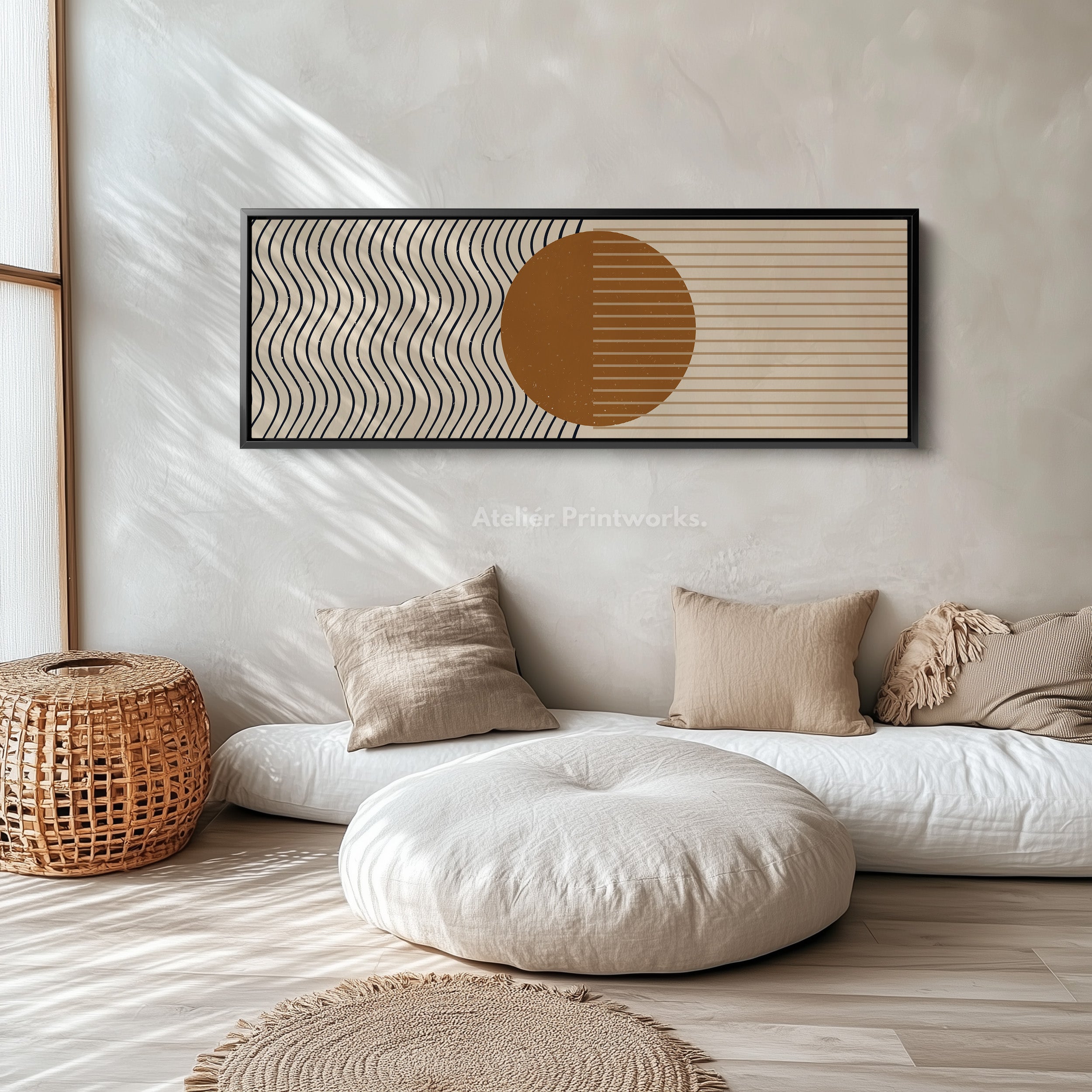 Above Bed Art Warm Brown Circle With Wavy Line Pattern For Bedroom Or Lounge