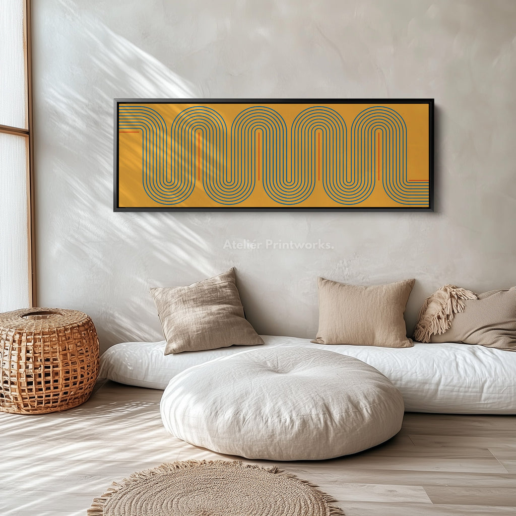 Wide Canvas Yellow And Blue Curved Line Art For Modern Kitchen Or Hallway
