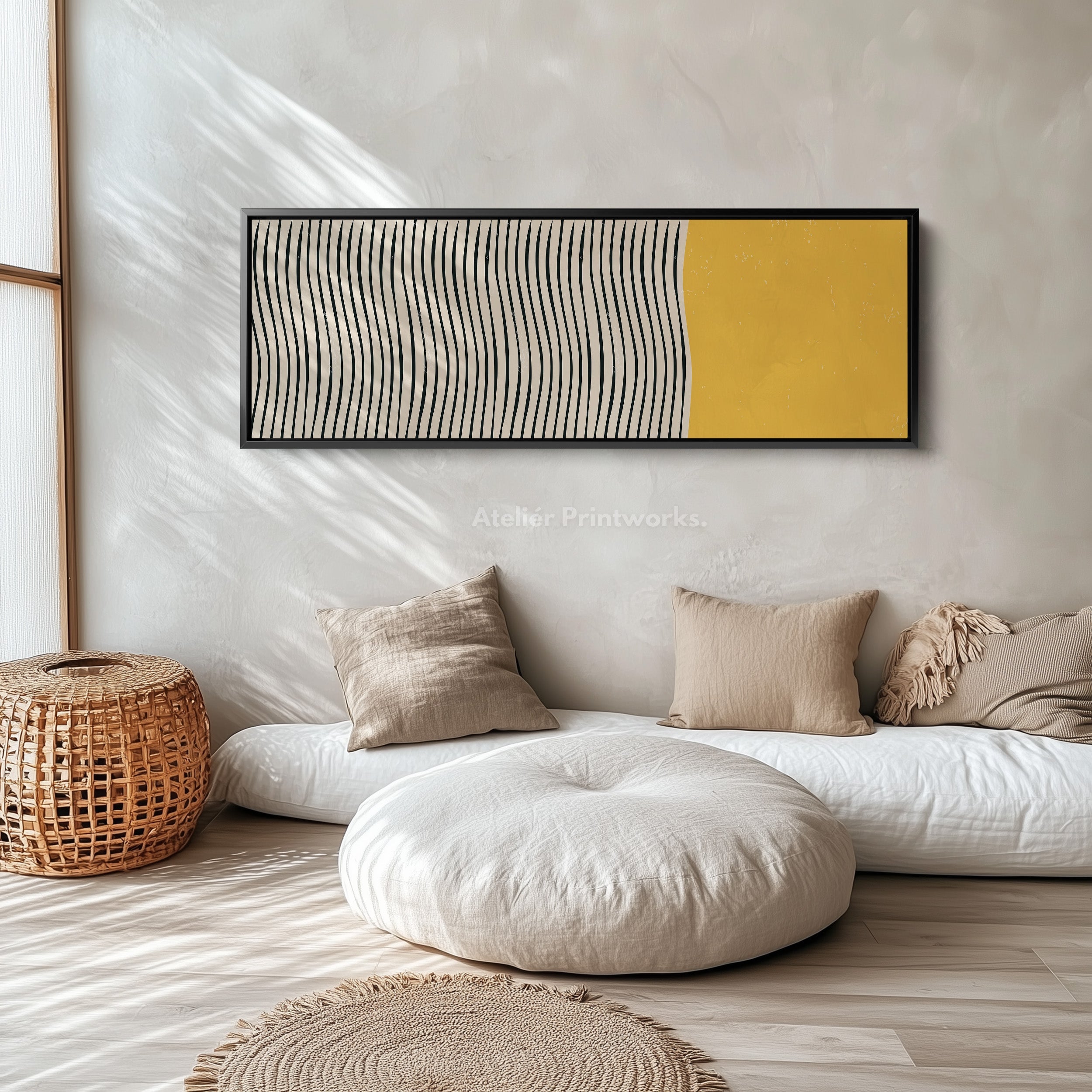 Long Framed Canvas Yellow And Black Wavy Line Wall Art For Bedroom