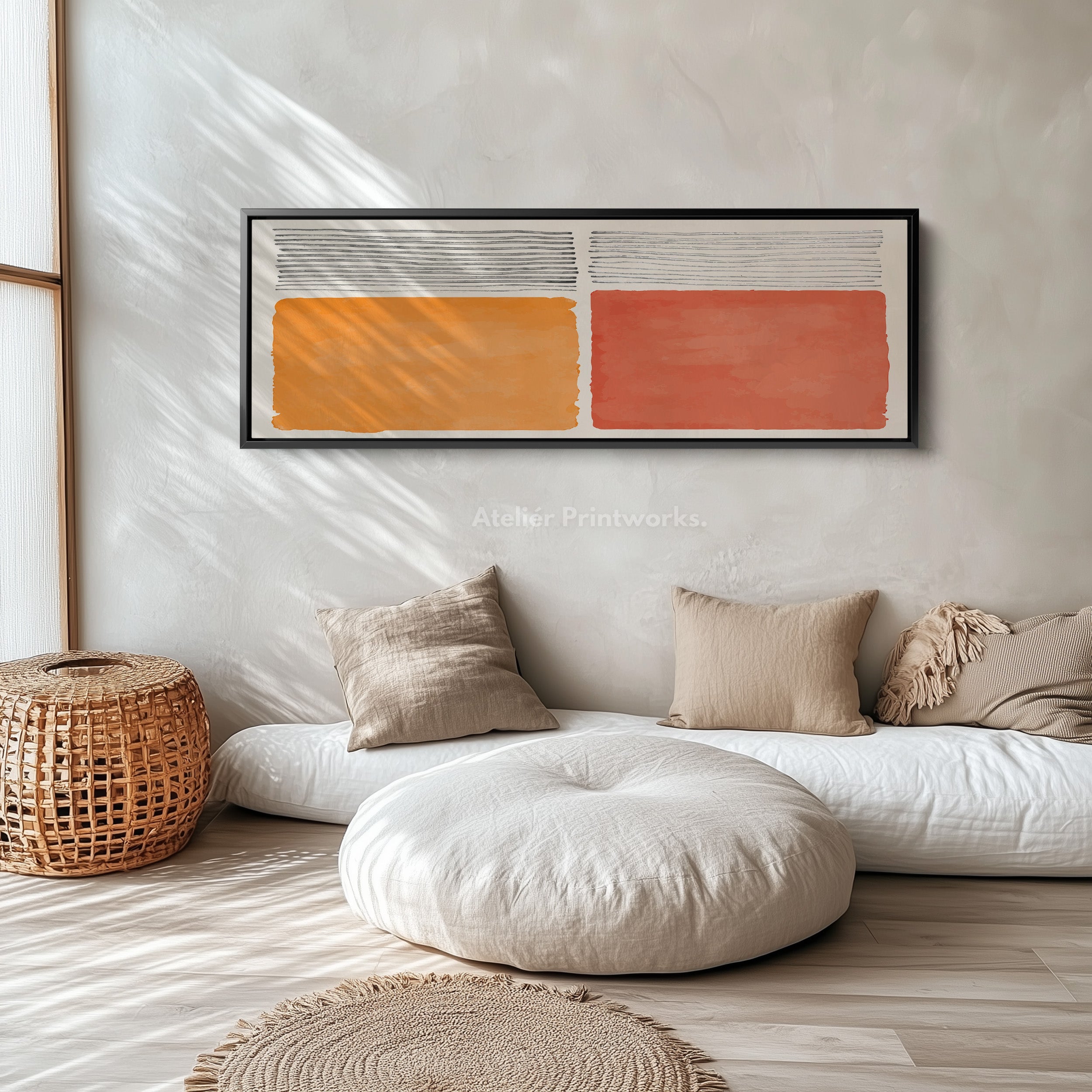 Wide Wall Art Orange And Beige Blocks With Grey Linework