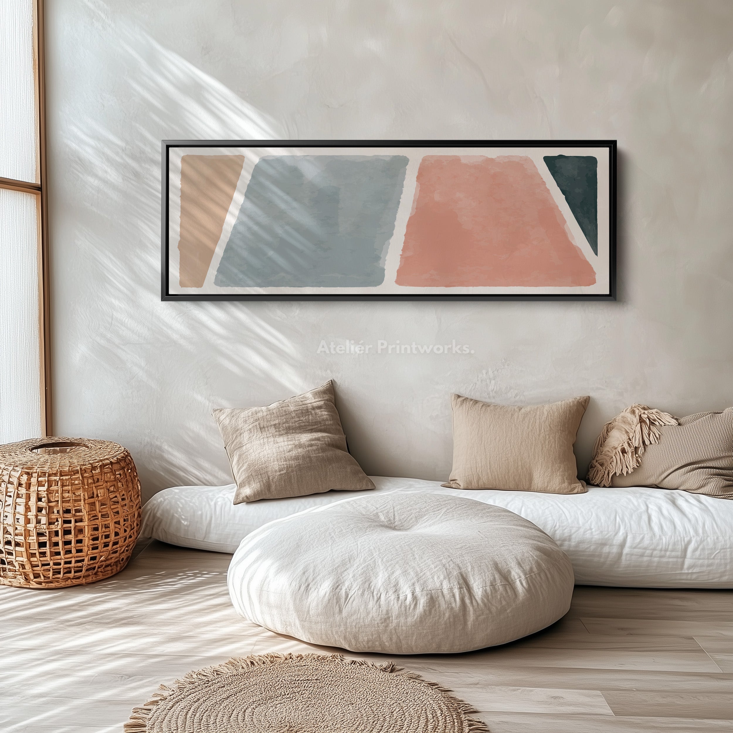Wide Wall Art Soft Terracotta Blue Grey And Beige Modern Blocks