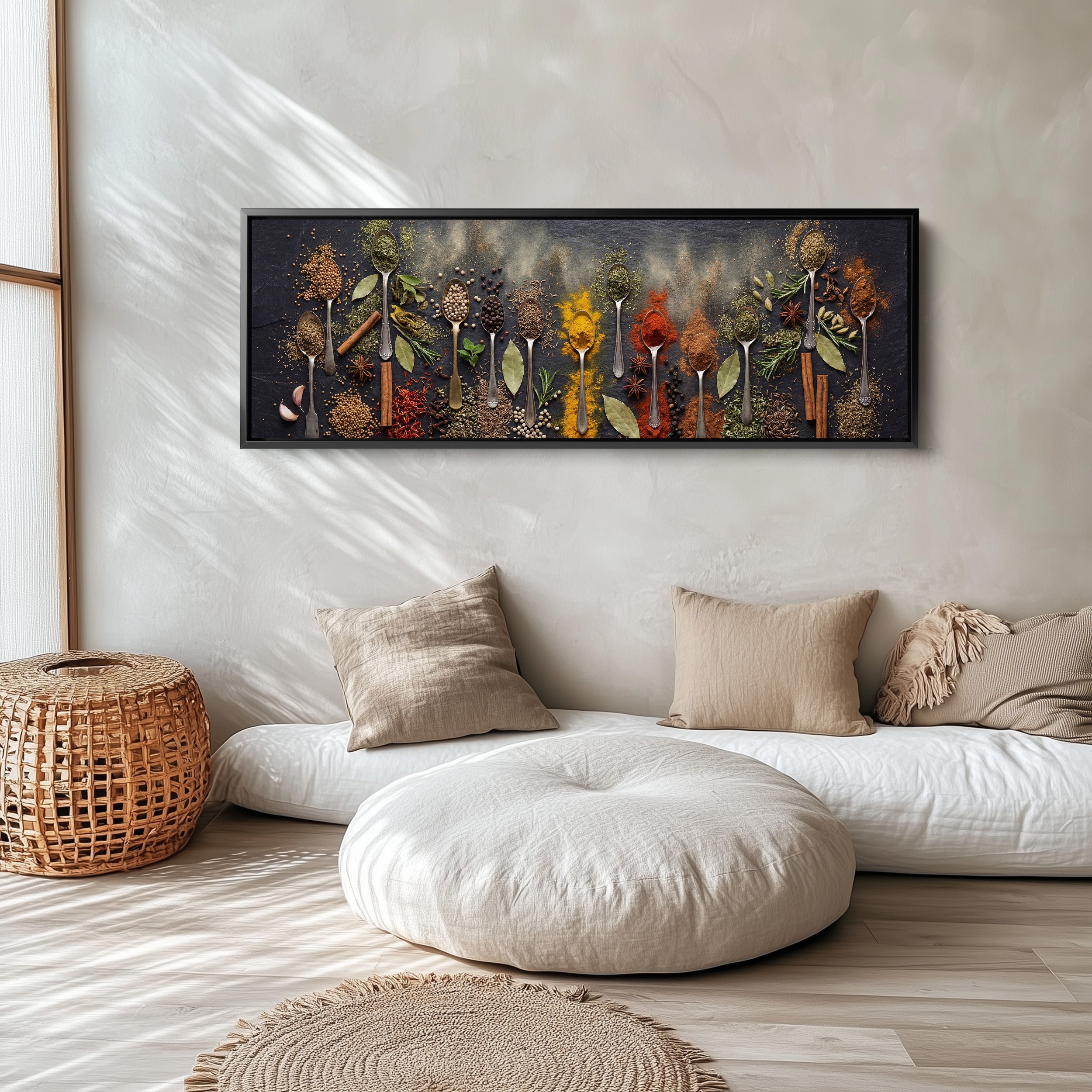 Wide Wall Art Assorted Spices On Spoons Long Canvas For Kitchen