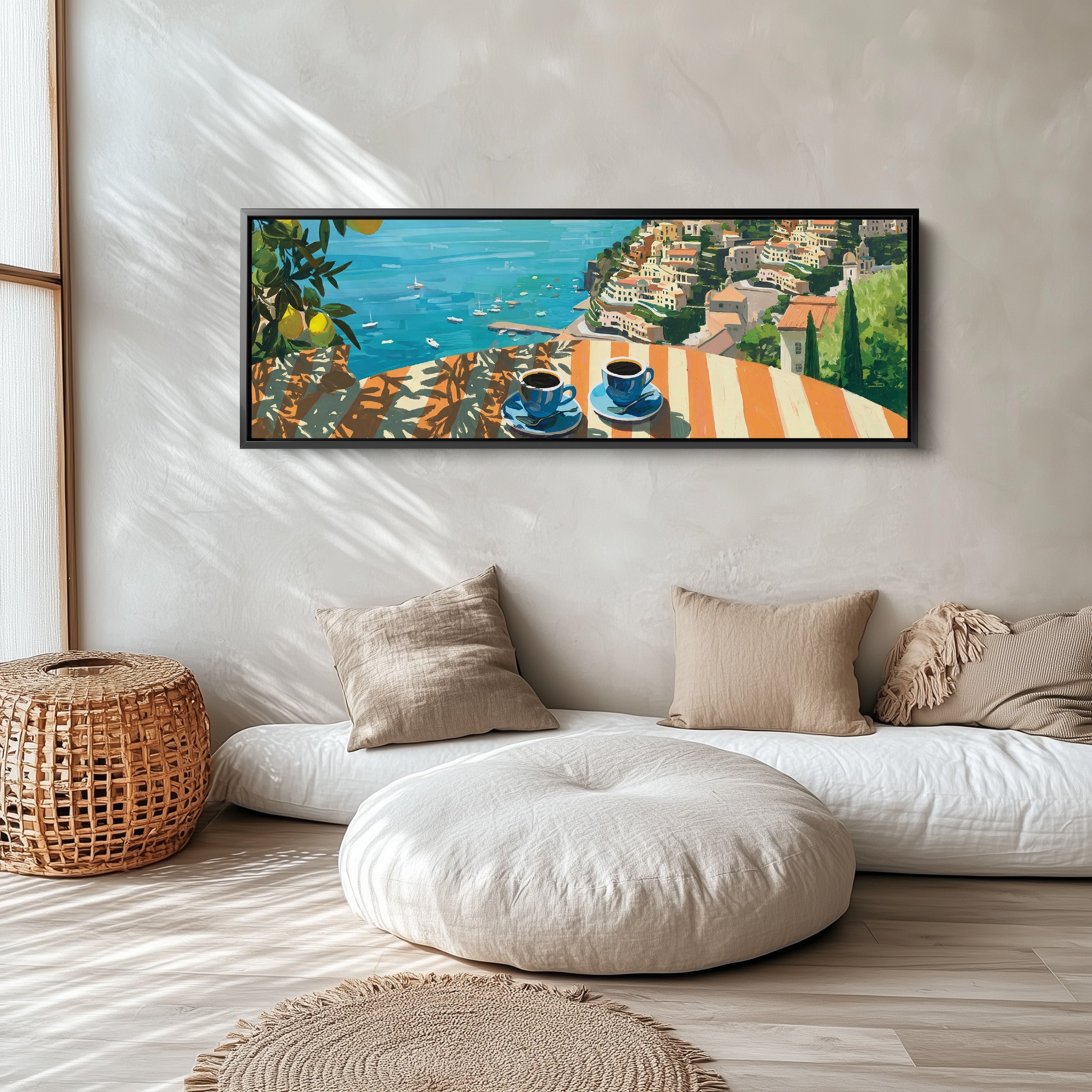 Horizontal Wall Art Coastal Terrace Coffee Scene Long Canvas For Kitchen