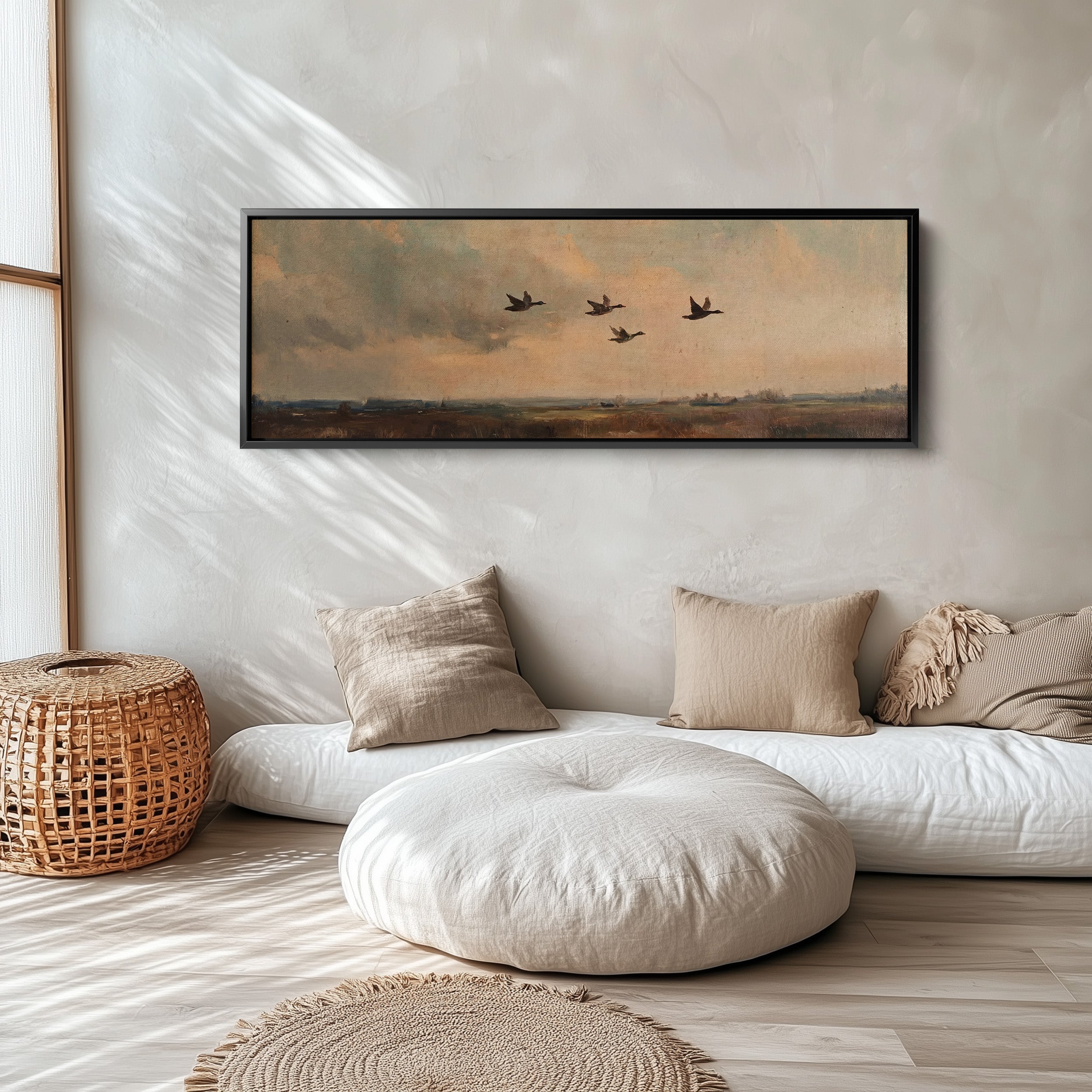 Wide Wall Art Flying Ducks Over Marsh Long Canvas For Hallway