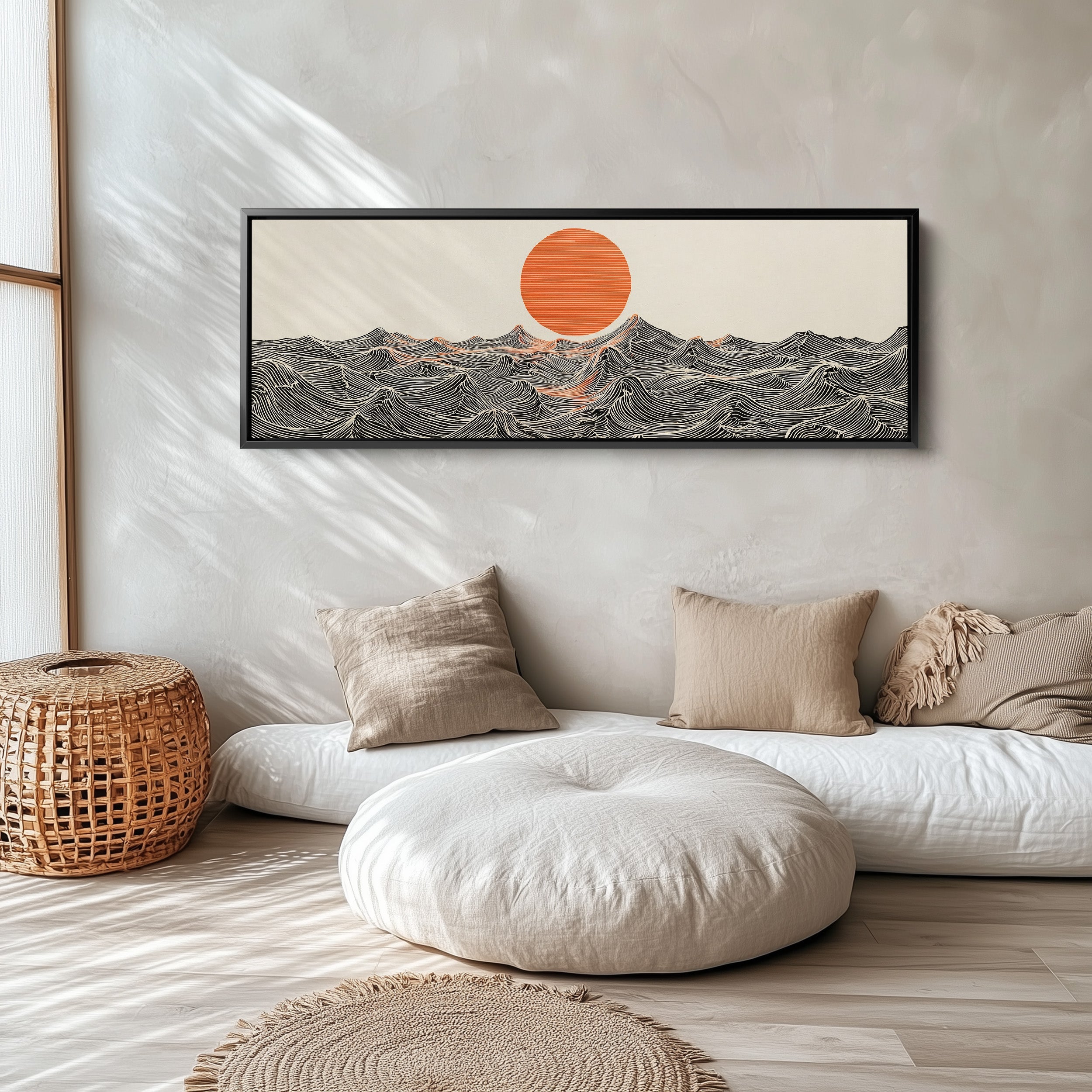 Horizontal Wall Art Stylised Ocean Waves Long Canvas For Bedroom