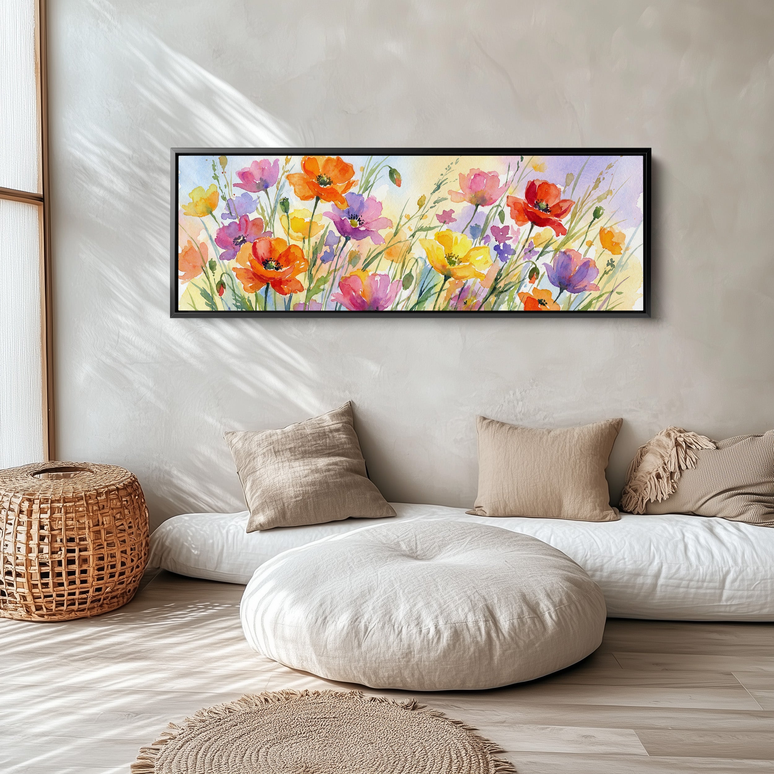 Horizontal Wall Art Watercolor Poppy Field Long Canvas For Living Room