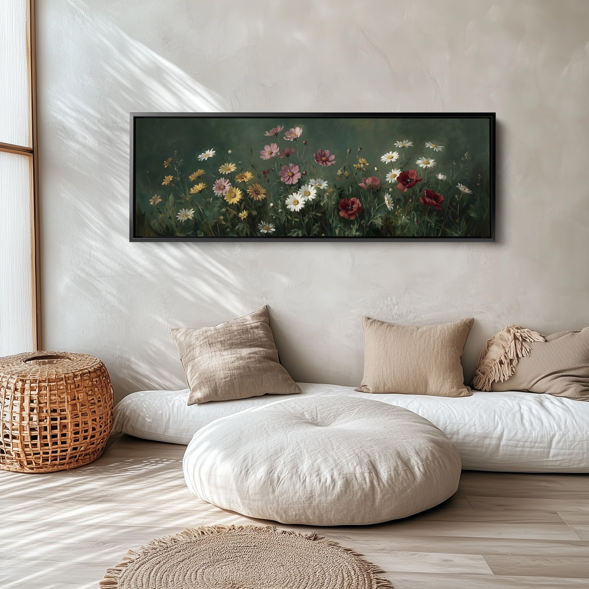 Long Framed Canvas Dark Meadow Daisies Long Canvas For Bedroom