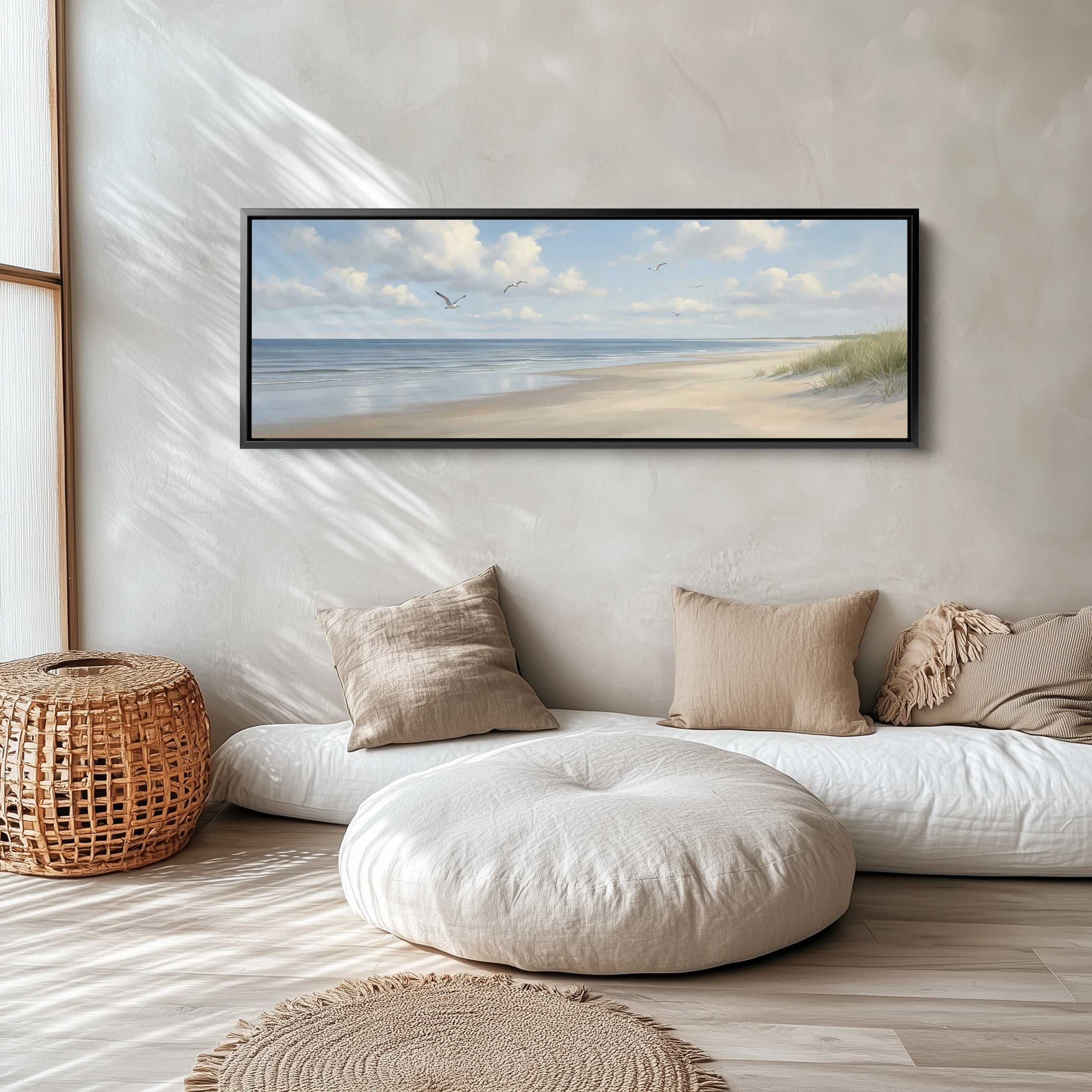 Horizontal Wall Art Calm Beach With Seagulls Panoramic Canvas Print Bedroom