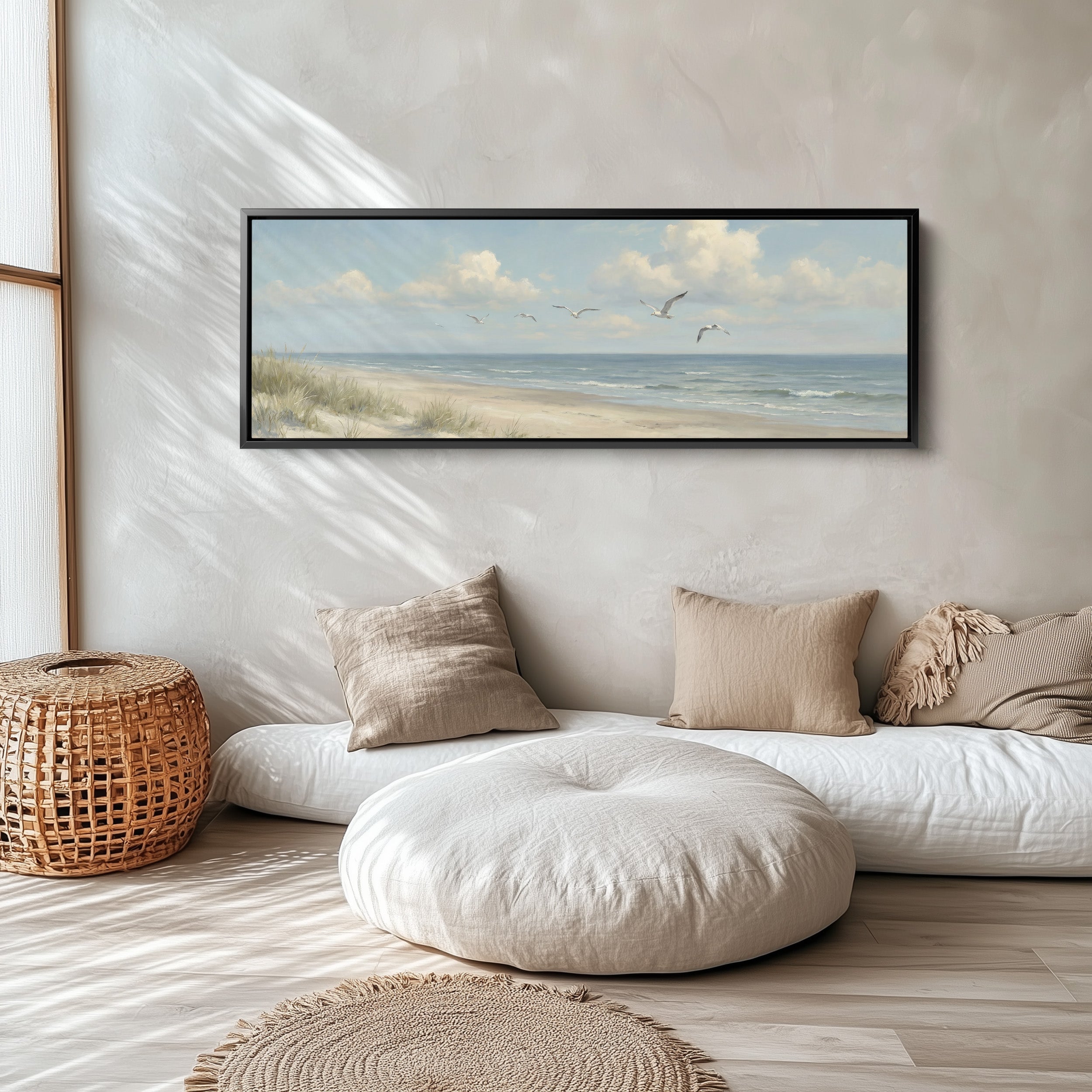 Above Bed Wall Art Coastal Dunes And Seagulls Extra Wide Canvas Living Room