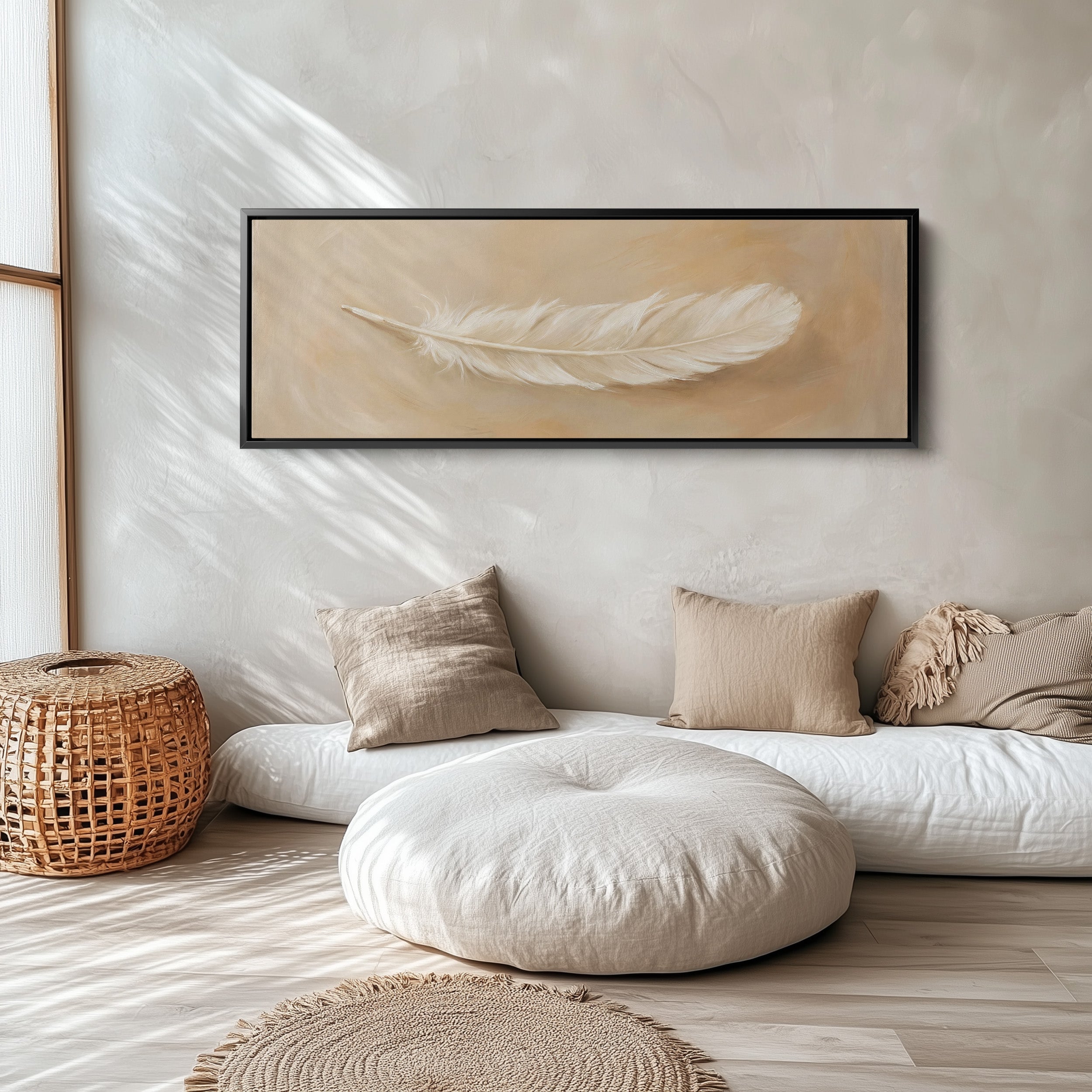 Single White Feather Above Bed Wall Art Extra Wide Canvas Bedroom