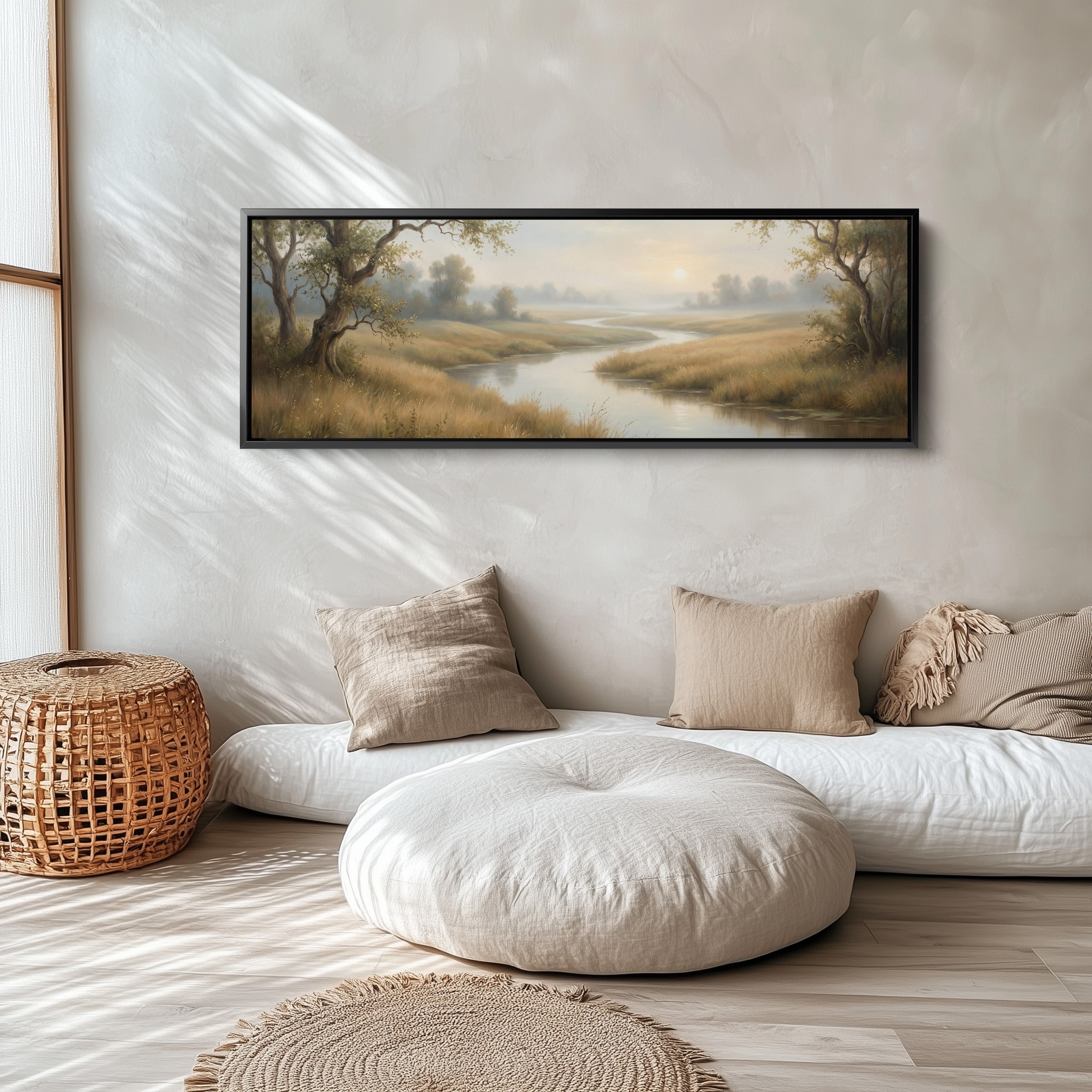 River Through Grassy Landscape Panoramic Wall Art Statement Wall Decor Living Room