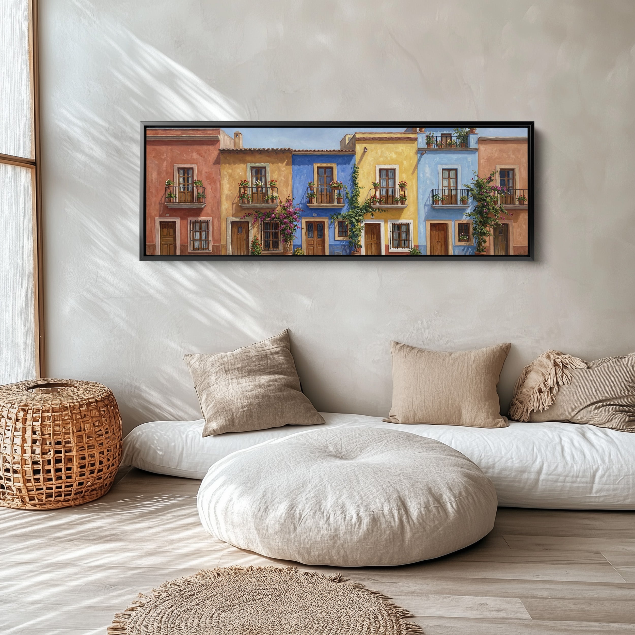 Colourful Mediterranean Houses Wide Framed Canvas Extra Wide Canvas Kitchen